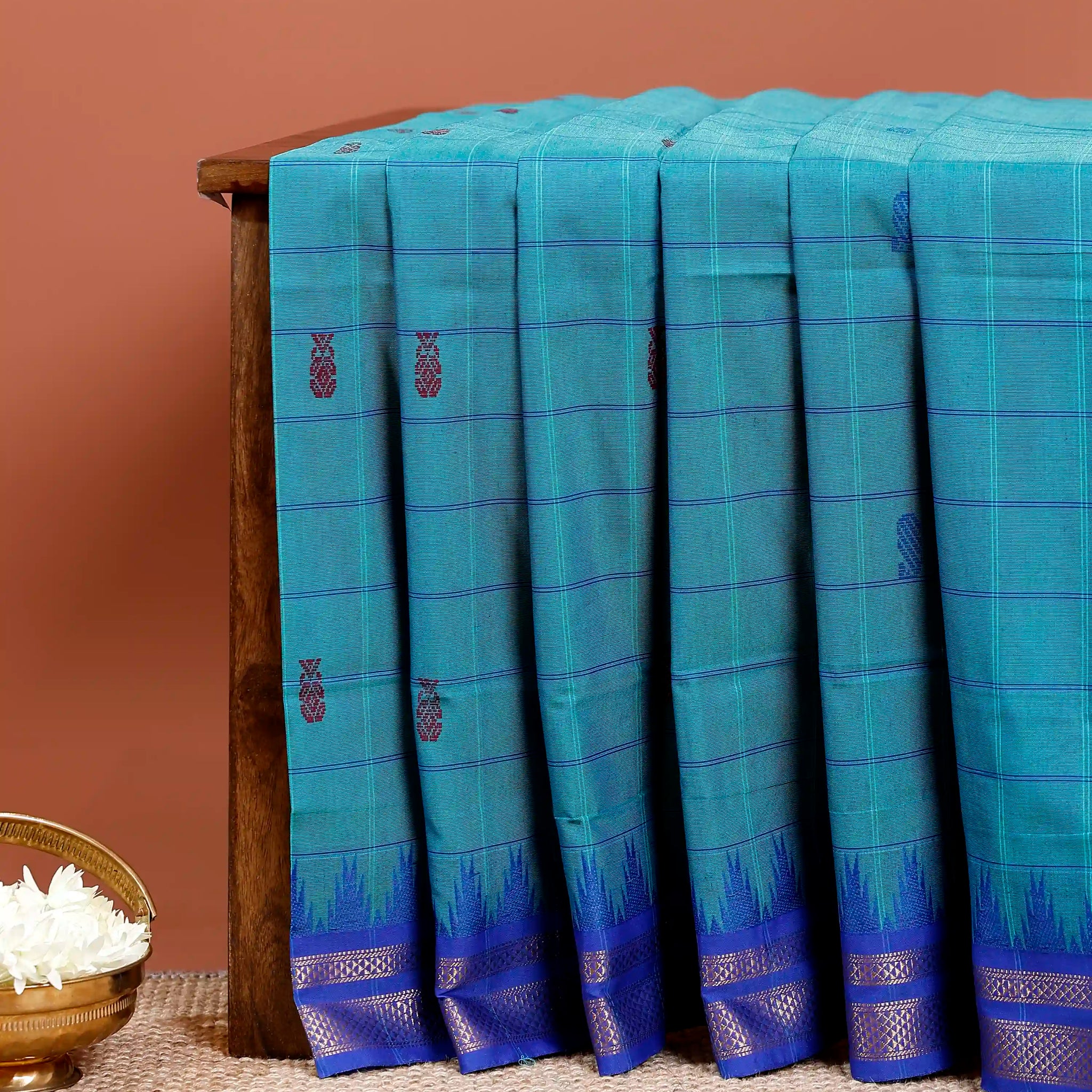 Traditional Chettinad Cotton Saree with Checked Pattern and Contrasting Temple Zari Border - Blue