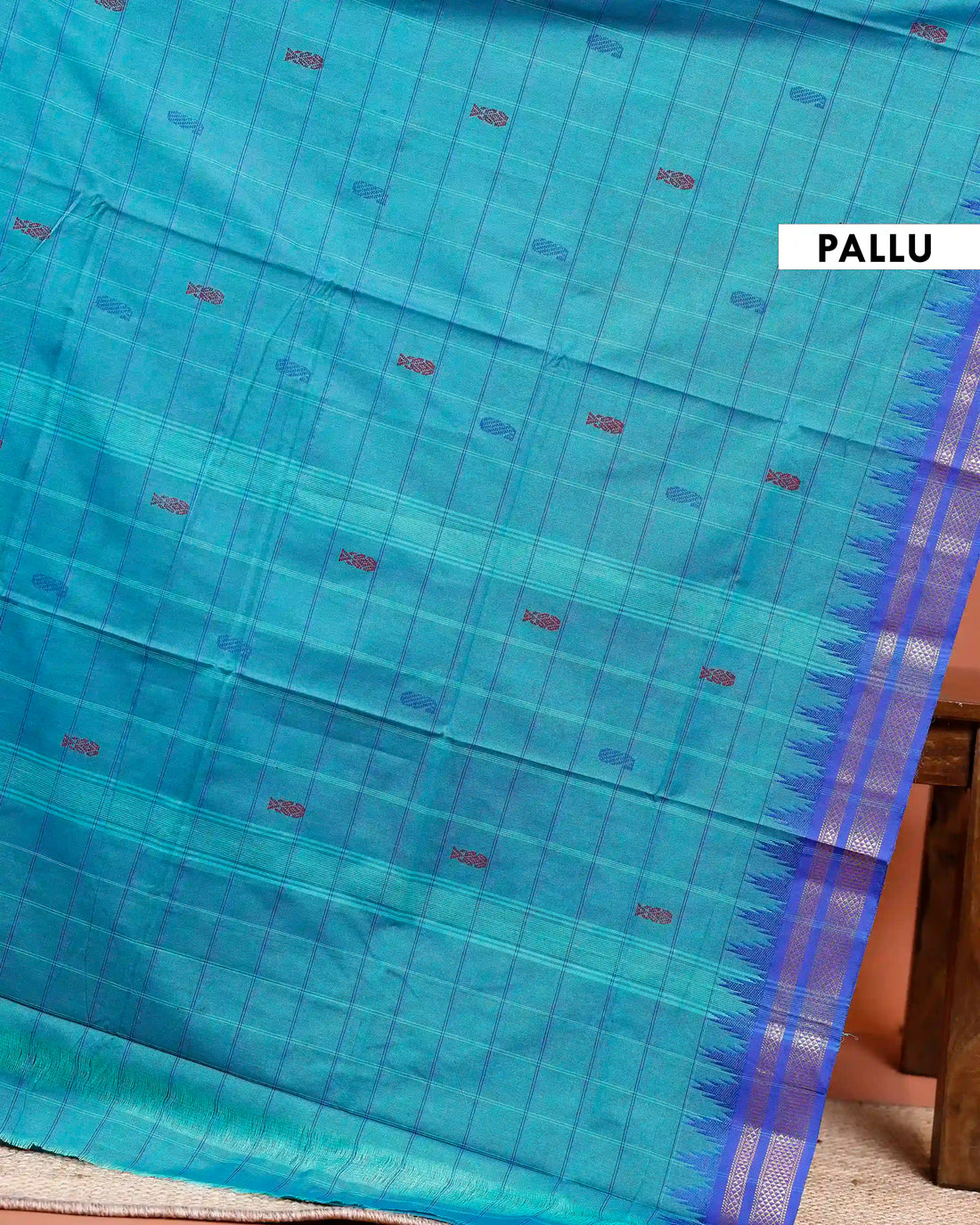 Traditional Chettinad Cotton Saree with Checked Pattern and Contrasting Temple Zari Border - Blue