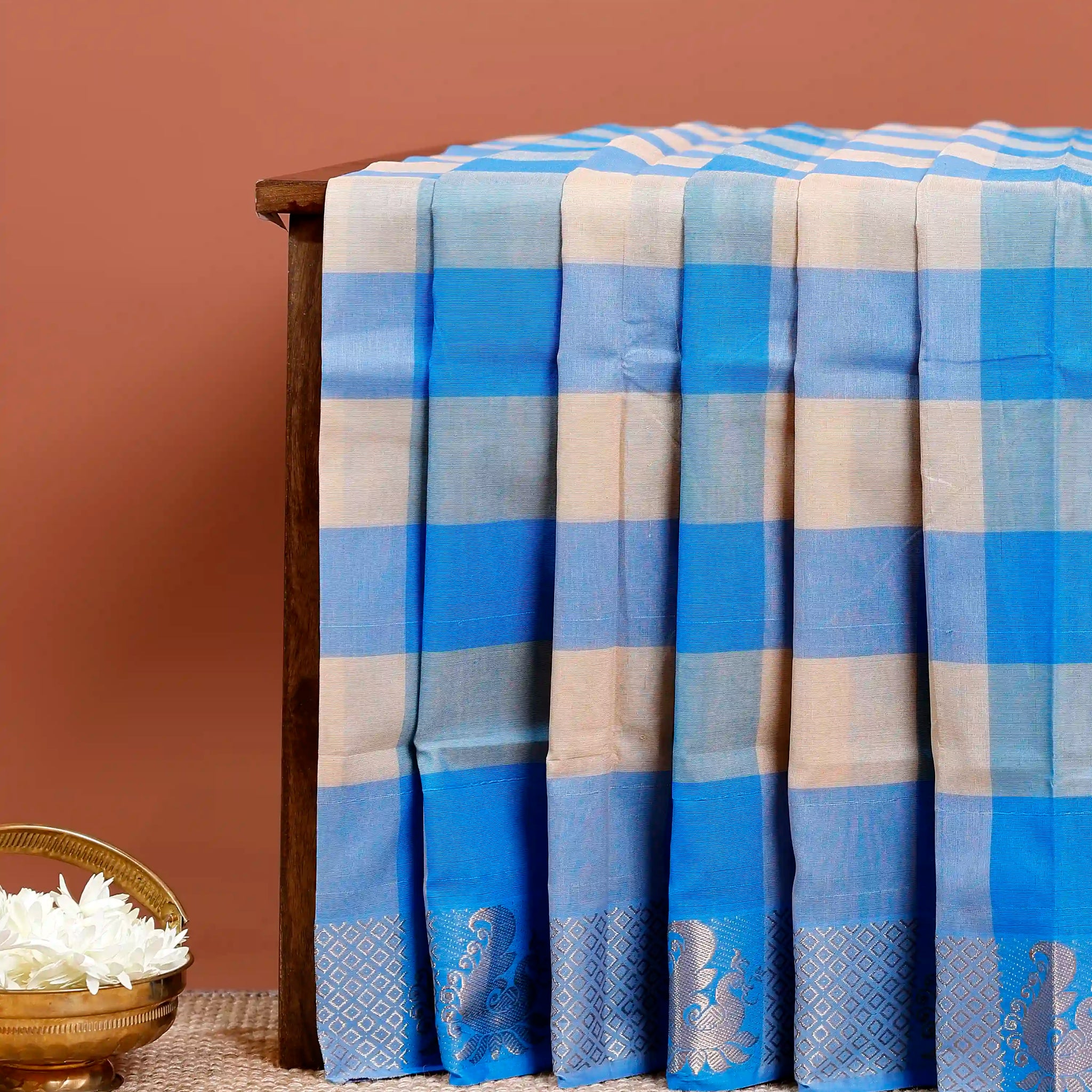 Traditional Chettinad Cotton Saree with Bold Checked Pattern and Rich Zari Border - Multi