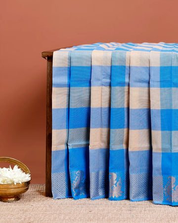 Traditional Chettinad Cotton Saree with Bold Checked Pattern and Rich Zari Border - Multi