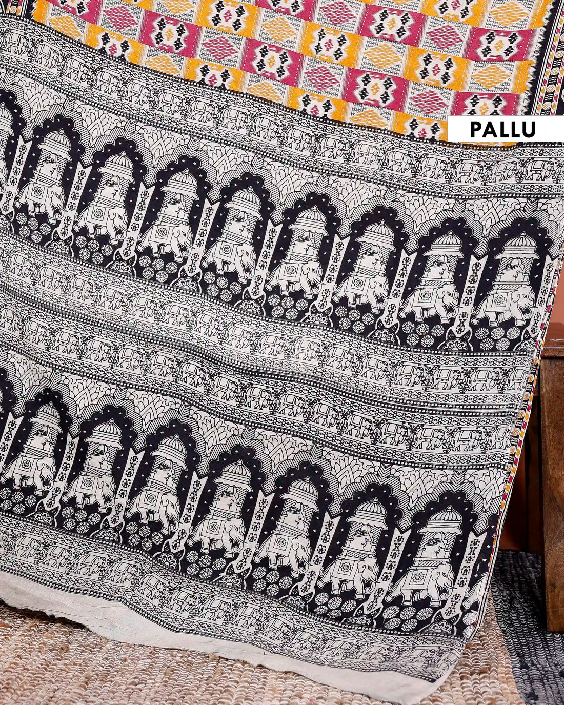 Handloom Kalamkari Cotton Saree with Geometric Ikat Weave and Traditional Border  - Multi