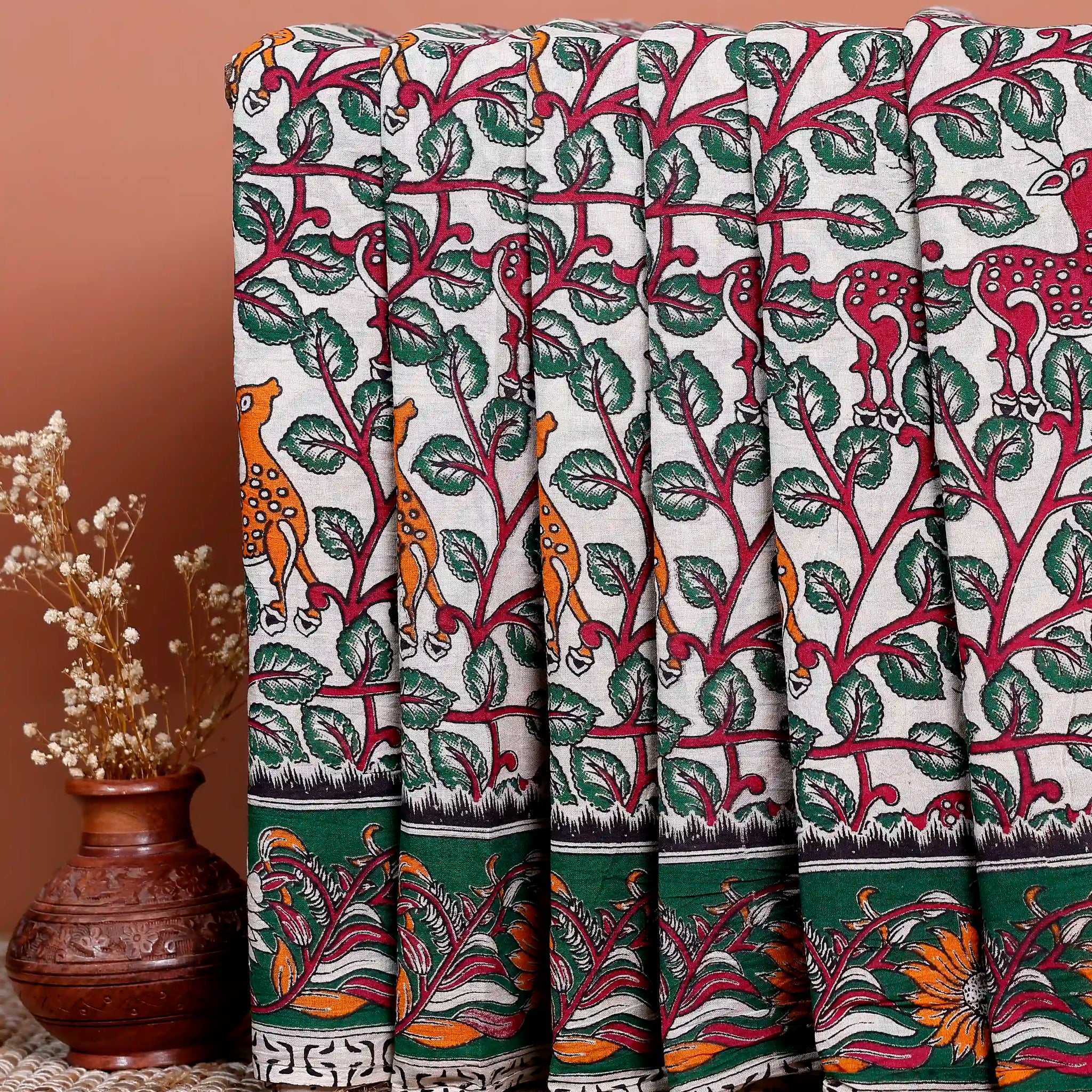 Handloom Leaf Printed Kalamkari Cotton Saree  - Cream