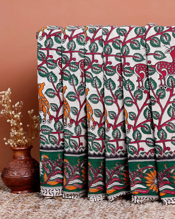 Handloom Leaf Printed Kalamkari Cotton Saree  - Cream