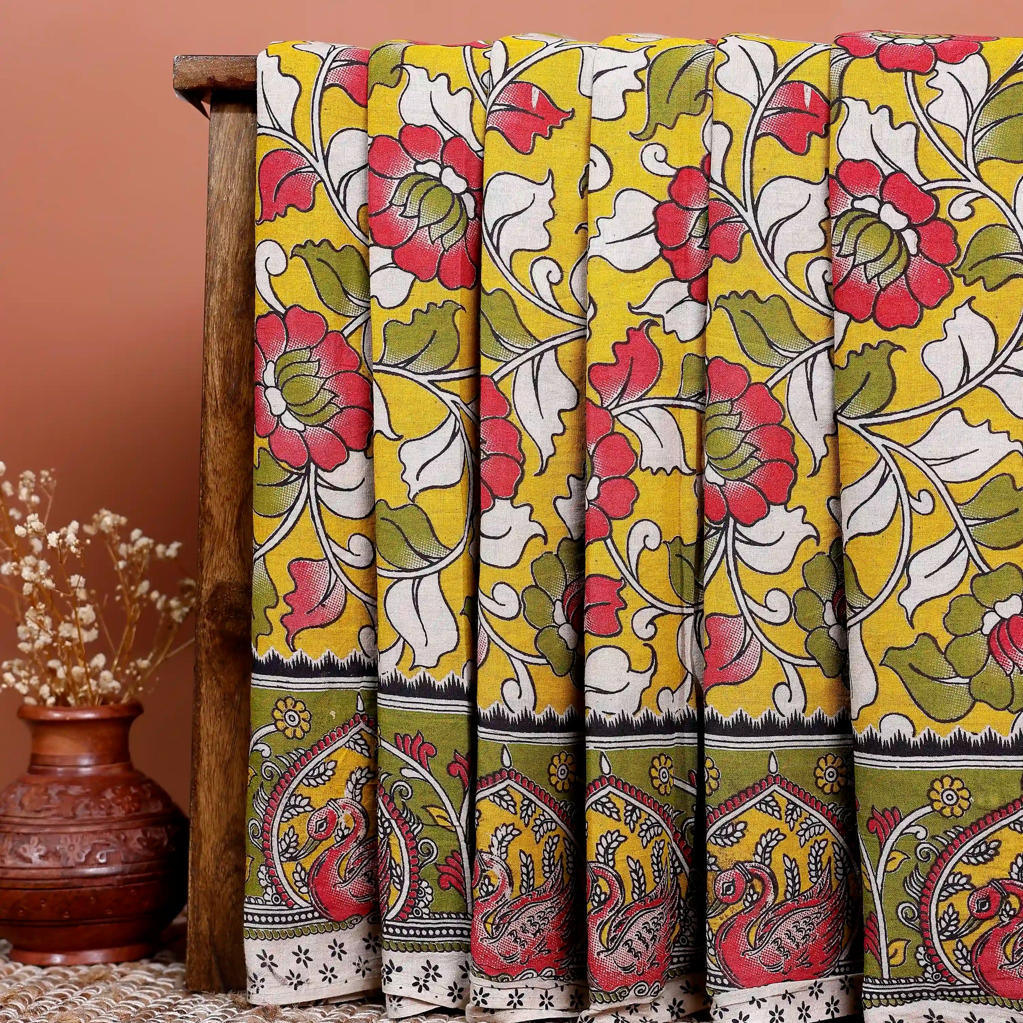 Handloom Kalamkari Cotton Saree with Traditional Motifs  - Yellow