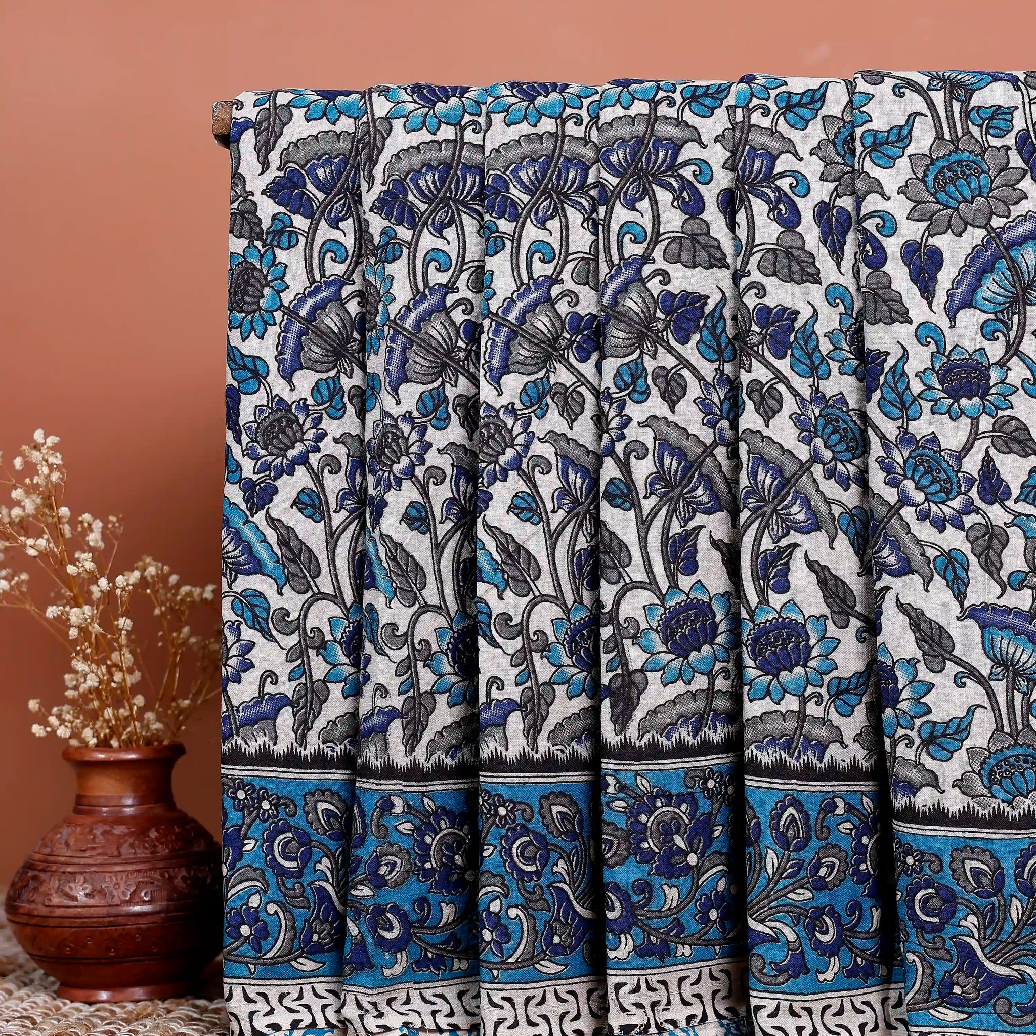 Traditional Kalamkari Cotton Saree with Floral Motifs and Border - Blue