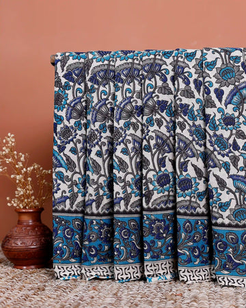 Traditional Kalamkari Cotton Saree with Floral Motifs and Border - Blue