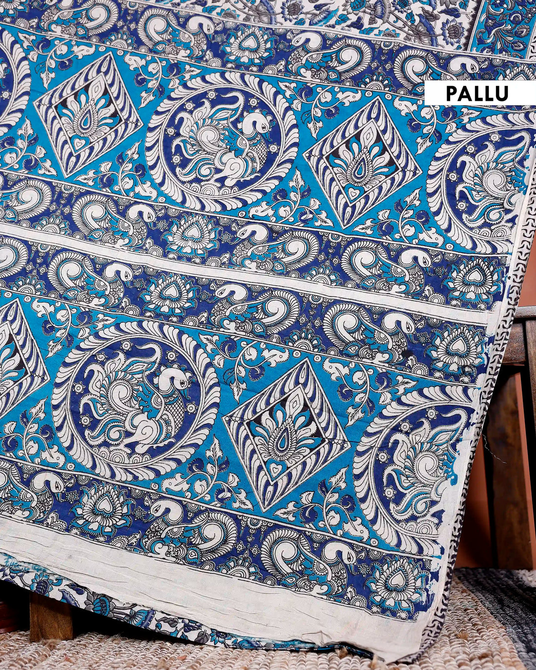 Traditional Kalamkari Cotton Saree with Floral Motifs and Border - Blue