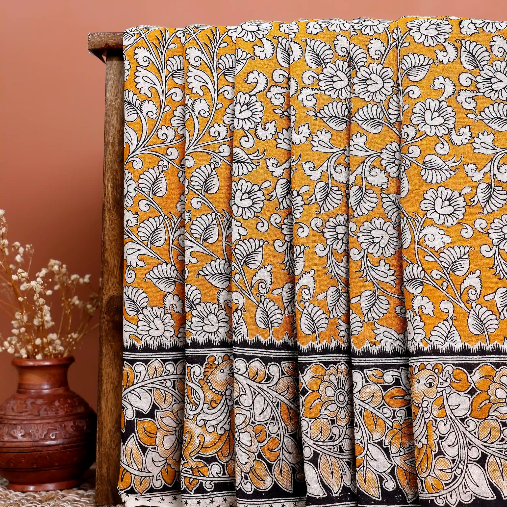 Handloom Traditional Kalamkari Cotton Saree with Floral Motifs - Orange