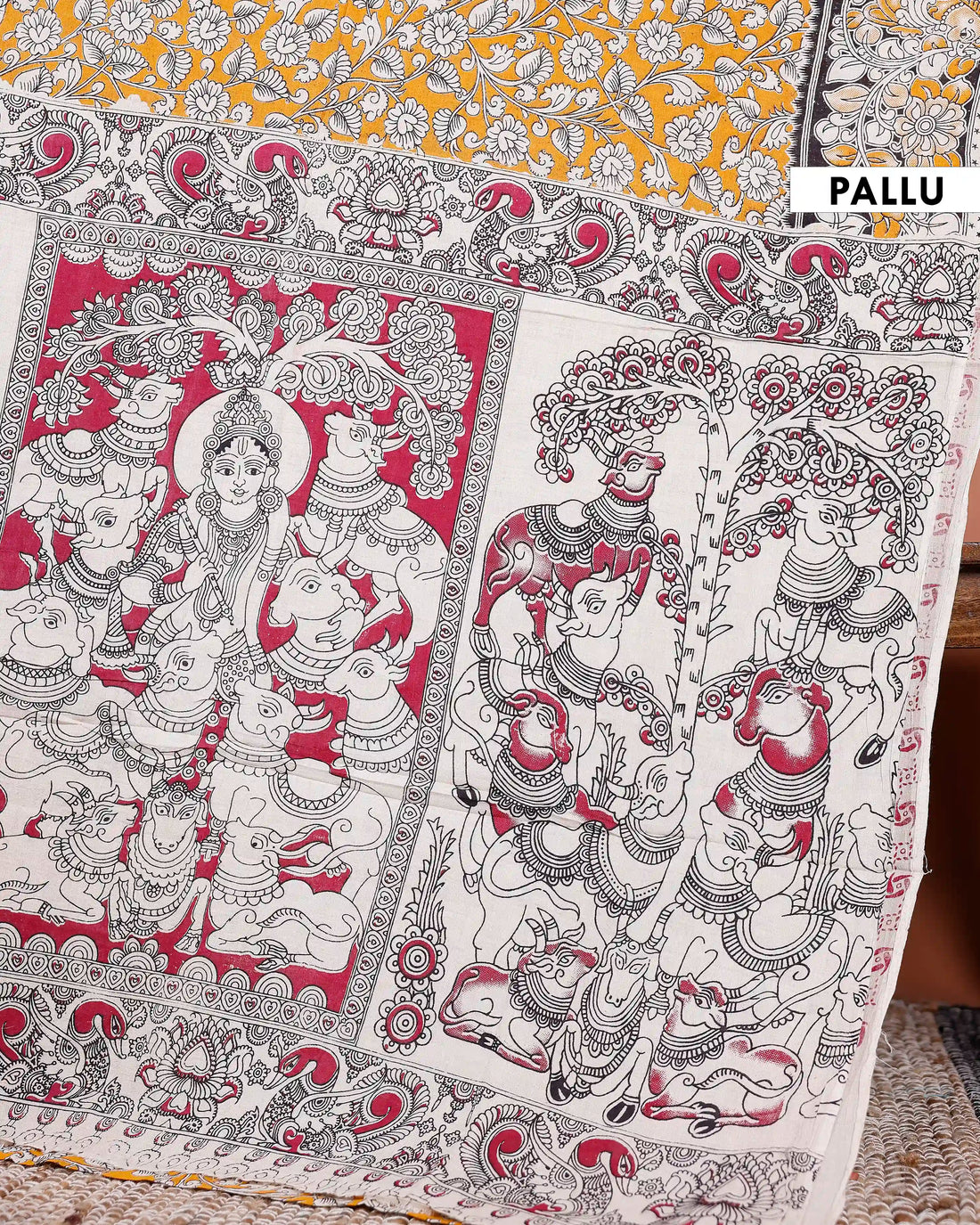 Handloom Traditional Kalamkari Cotton Saree with Floral Motifs - Orange