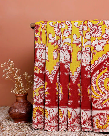 Traditional Hand-Painted Kalamkari Cotton Saree with Intricate Motifs - Yellow