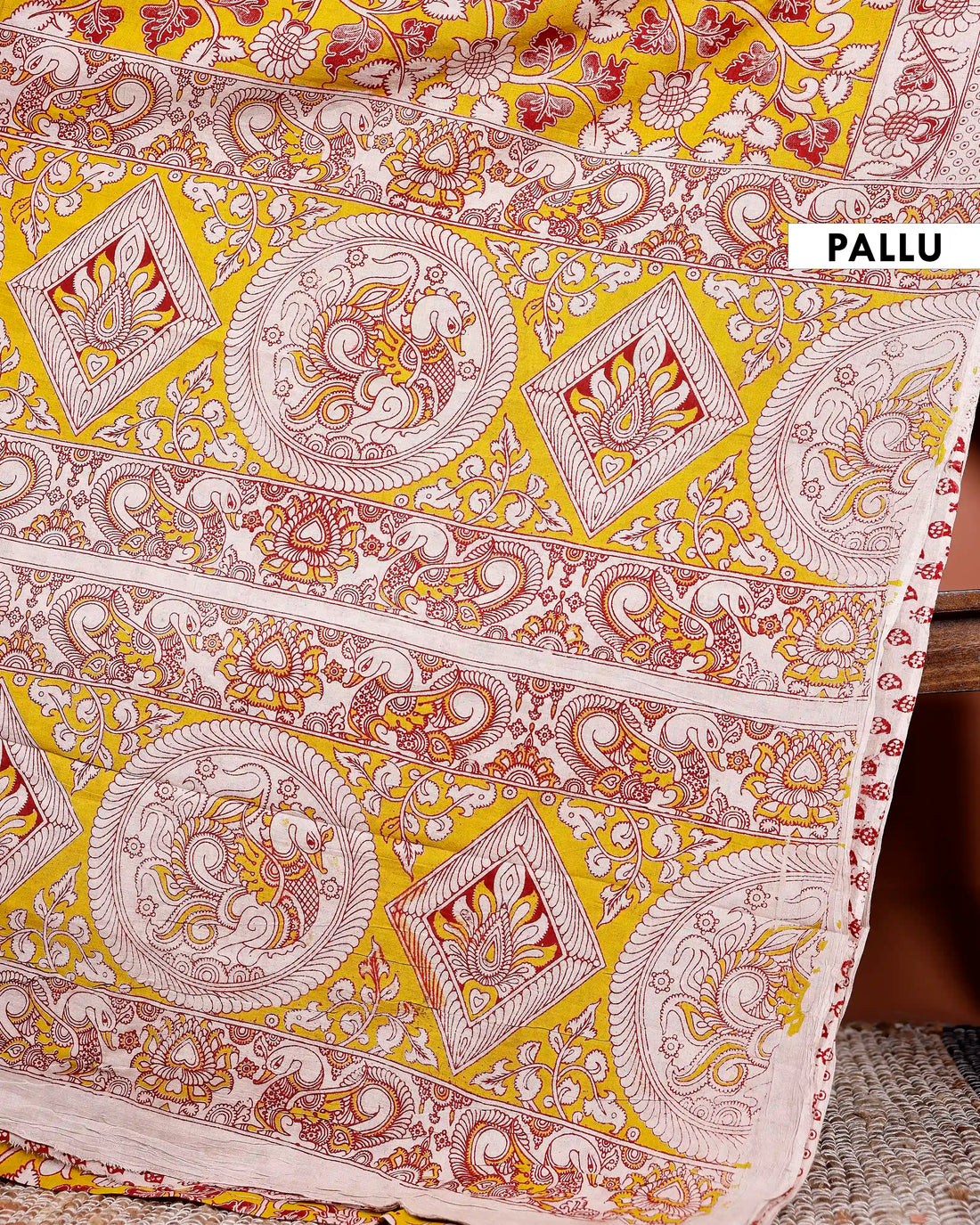 Traditional Hand-Painted Kalamkari Cotton Saree with Intricate Motifs - Yellow