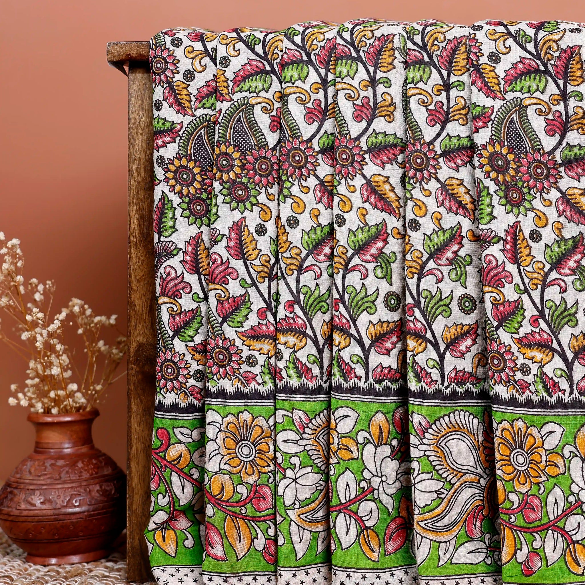Handloom Kalamkari Cotton Saree with Traditional Floral & Paisley Print - Cream