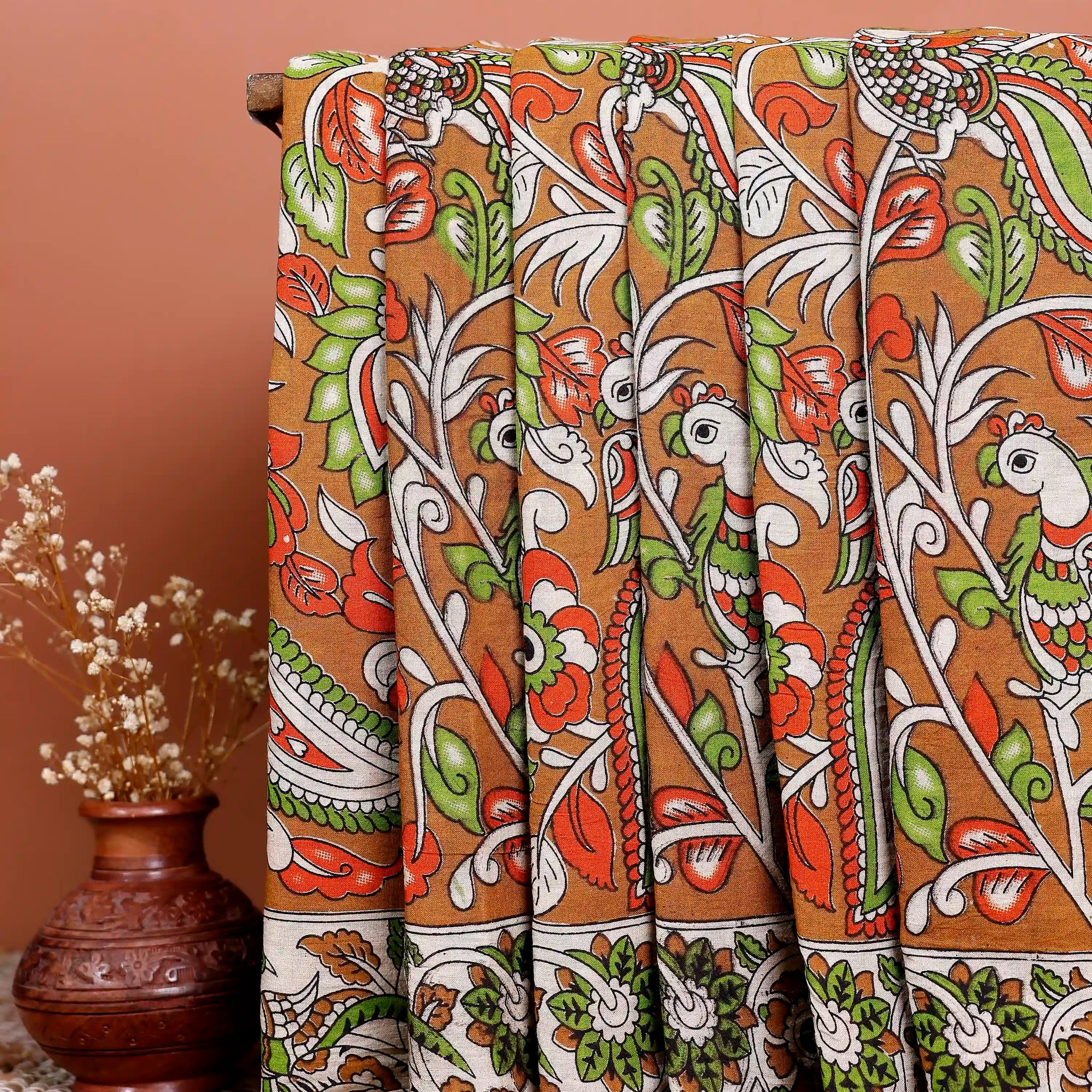 Handloom Kalamkari Cotton Saree with Traditional Floral Motifs  - Brown