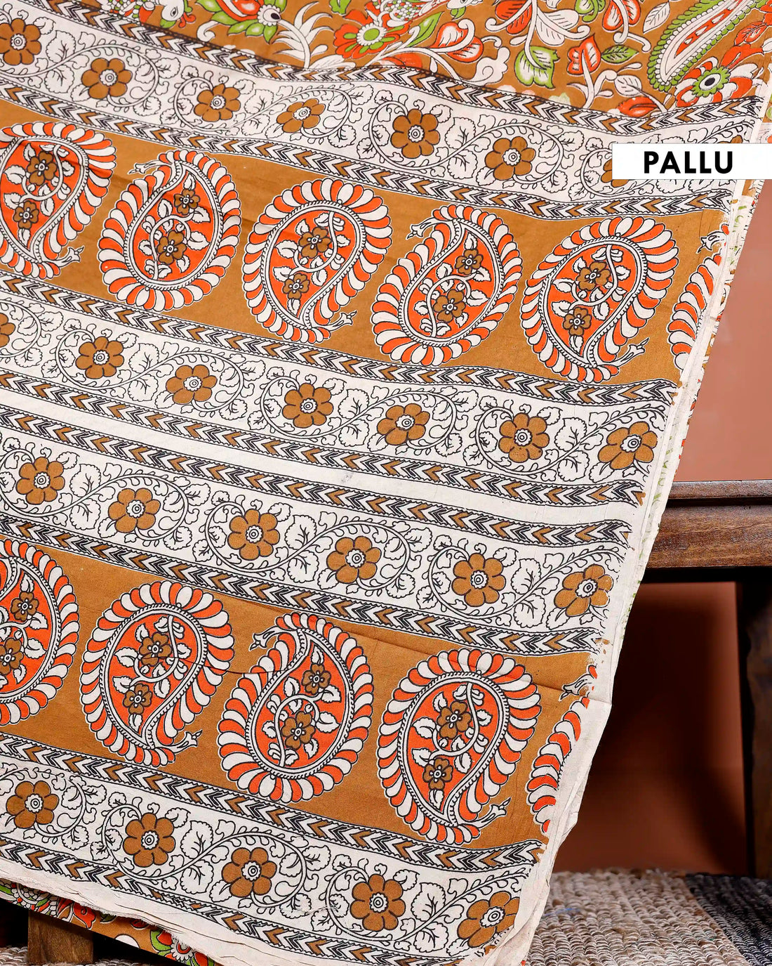 Handloom Kalamkari Cotton Saree with Traditional Floral Motifs  - Brown
