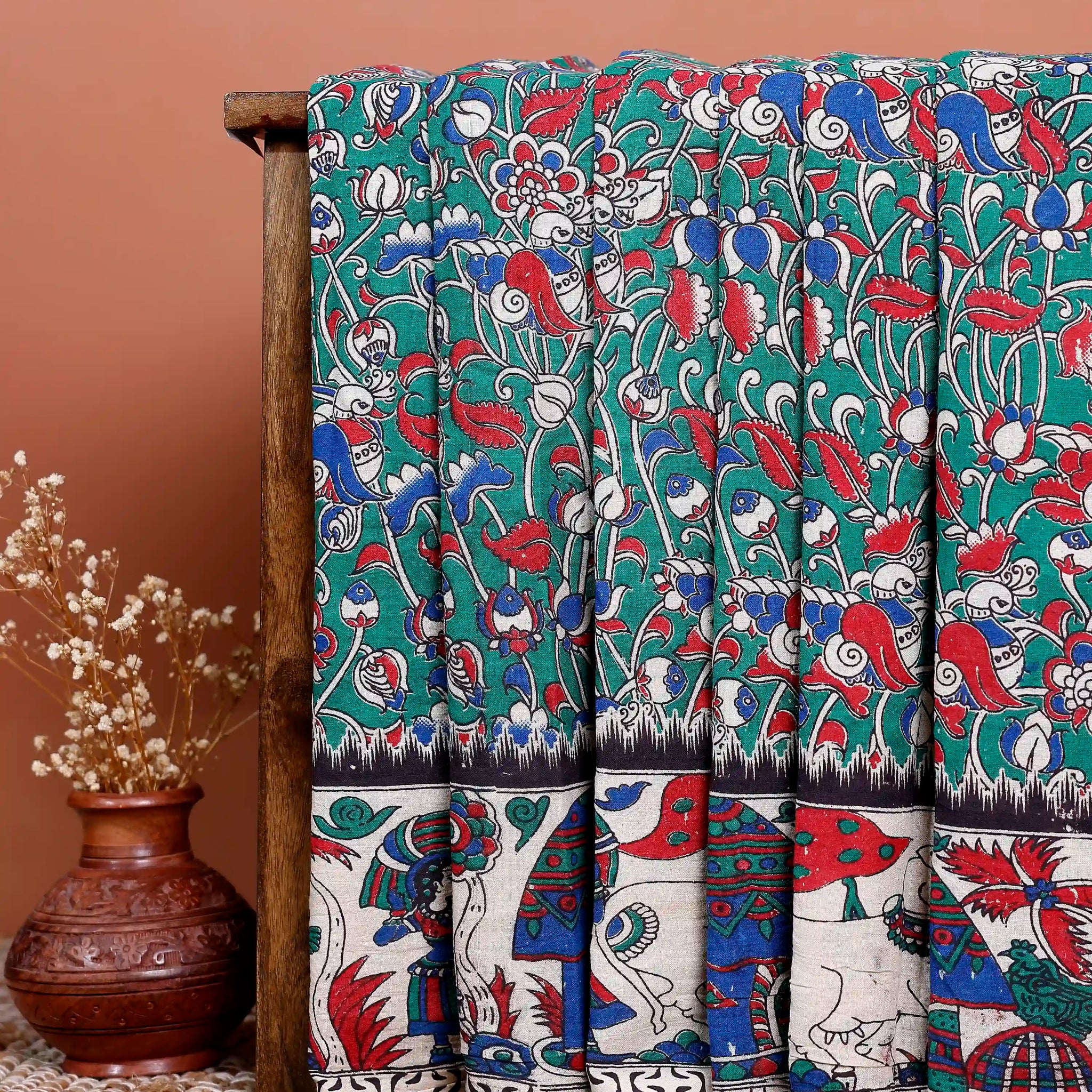Handloom Kalamkari Cotton Saree with Traditional Floral Motifs  - Green