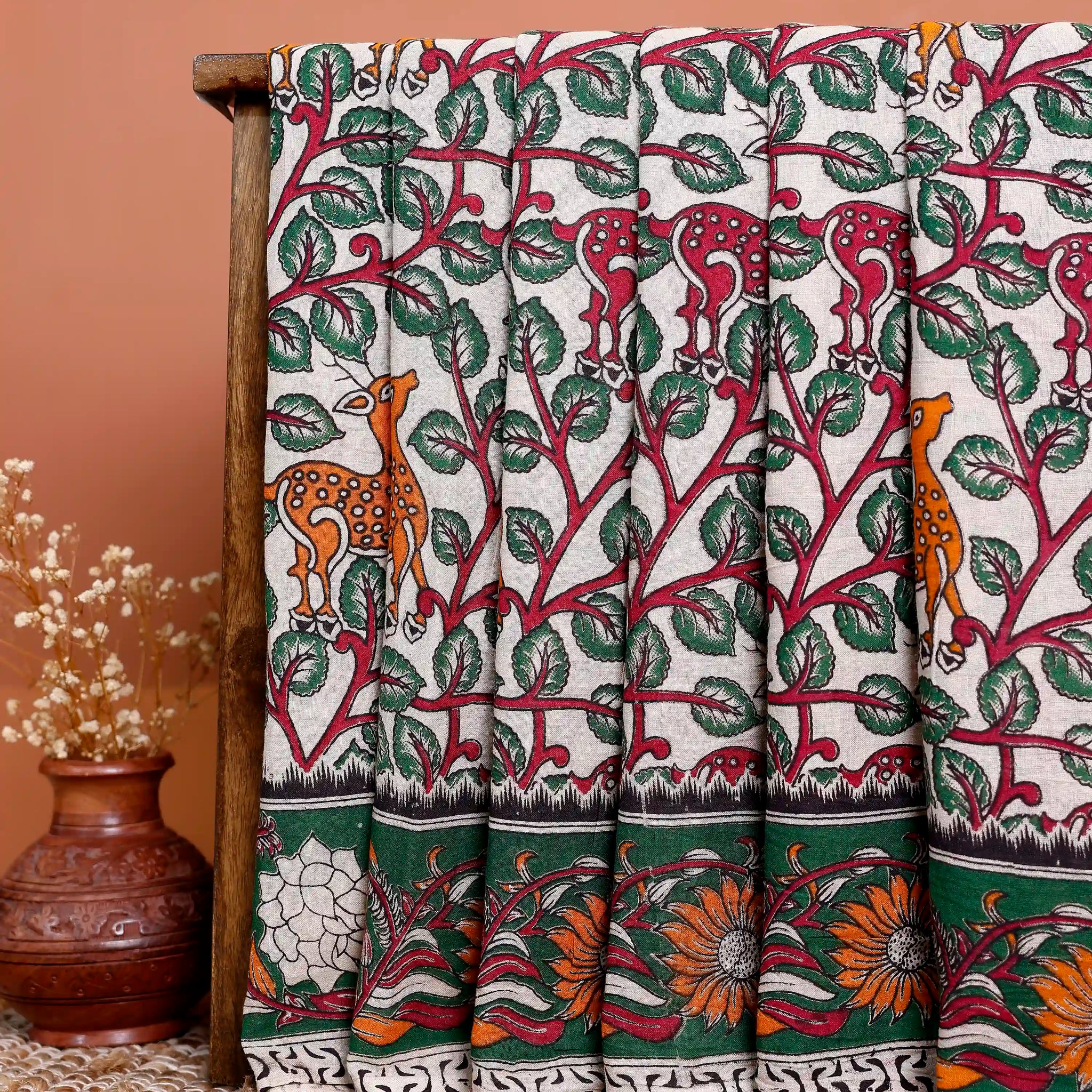 Handloom Kalamkari Cotton Saree with Traditional Floral Motif  - Cream
