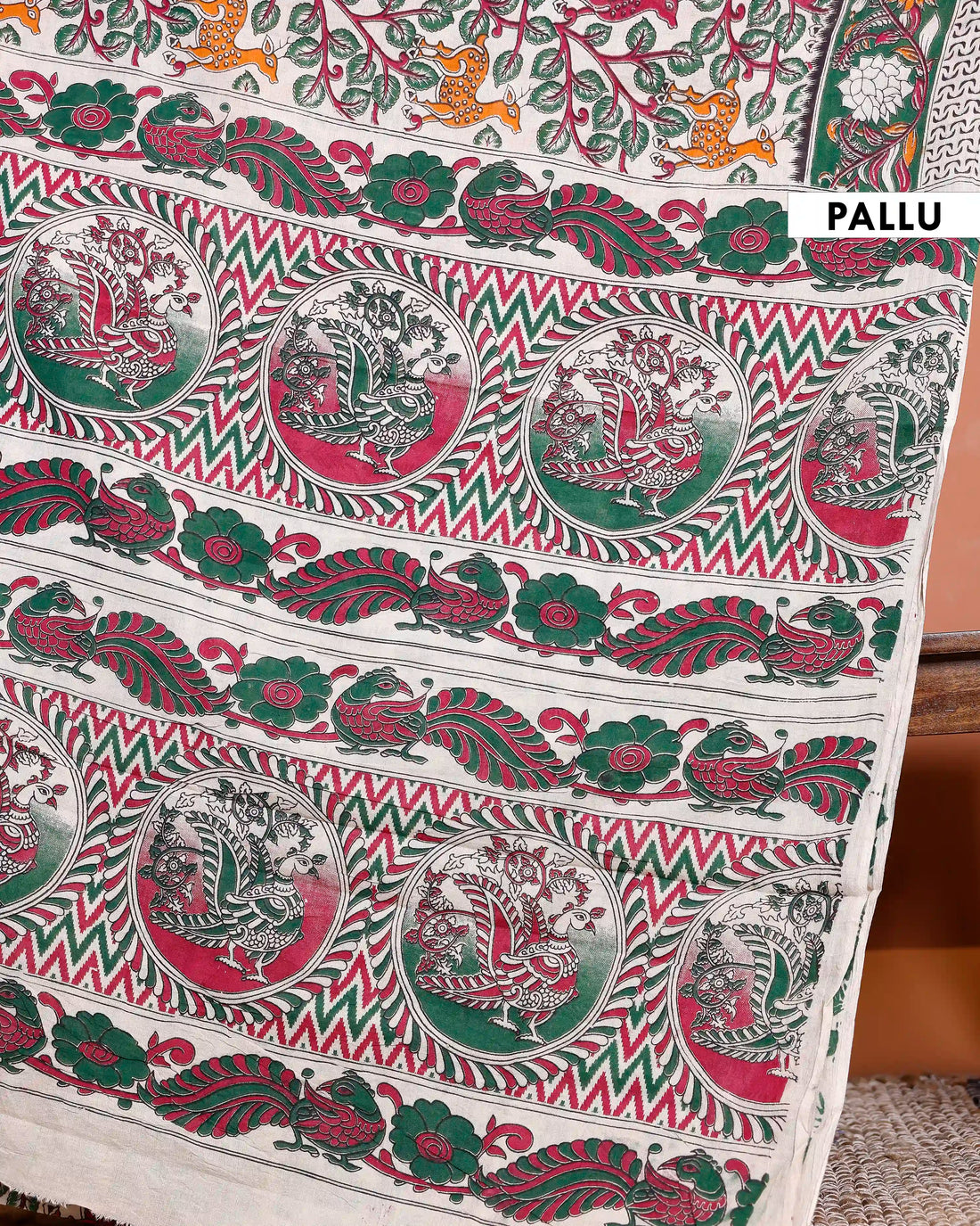 Handloom Kalamkari Cotton Saree with Traditional Floral Motif  - Cream