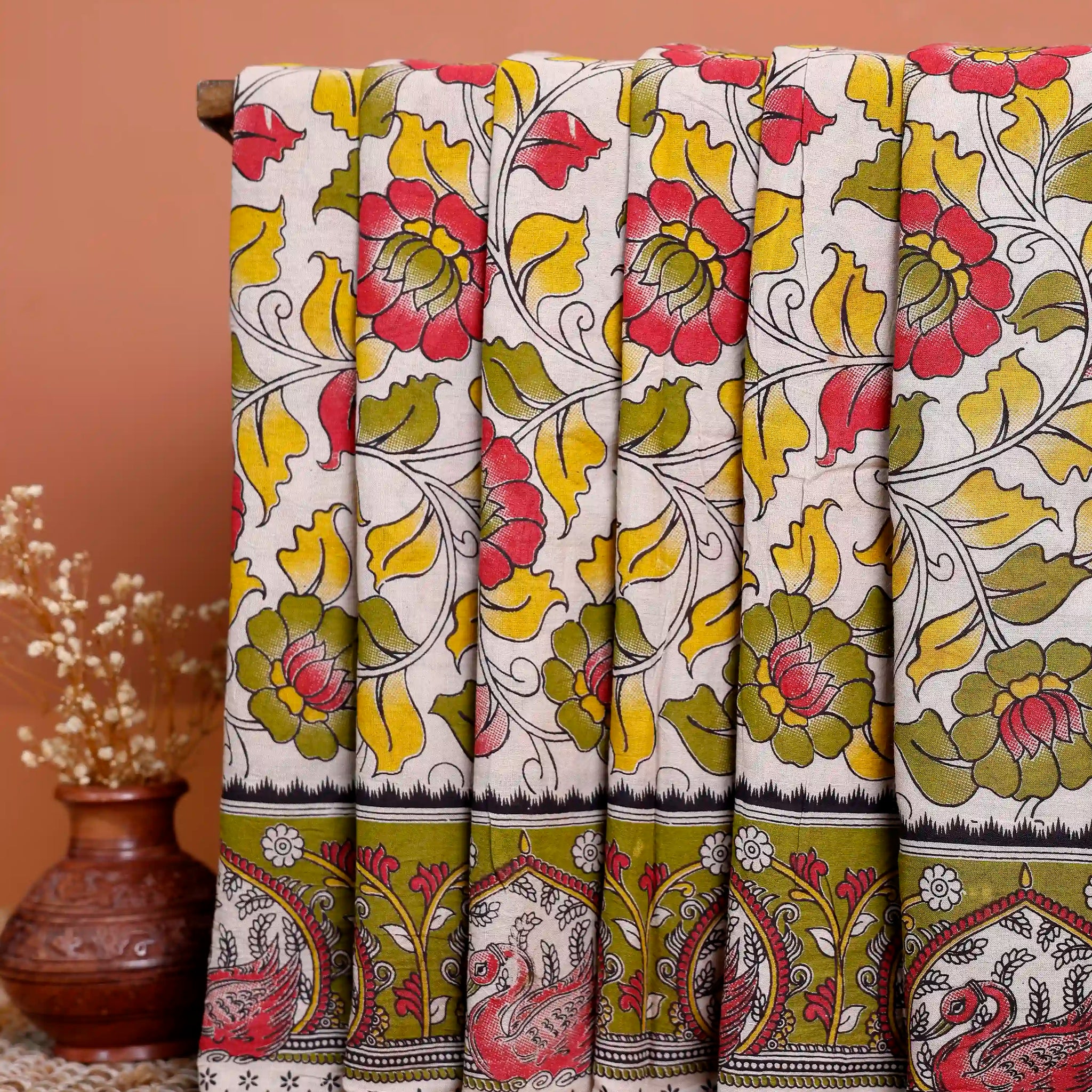 Kalamkari Cotton Saree with Floral and Traditional Motifs Border  - Cream