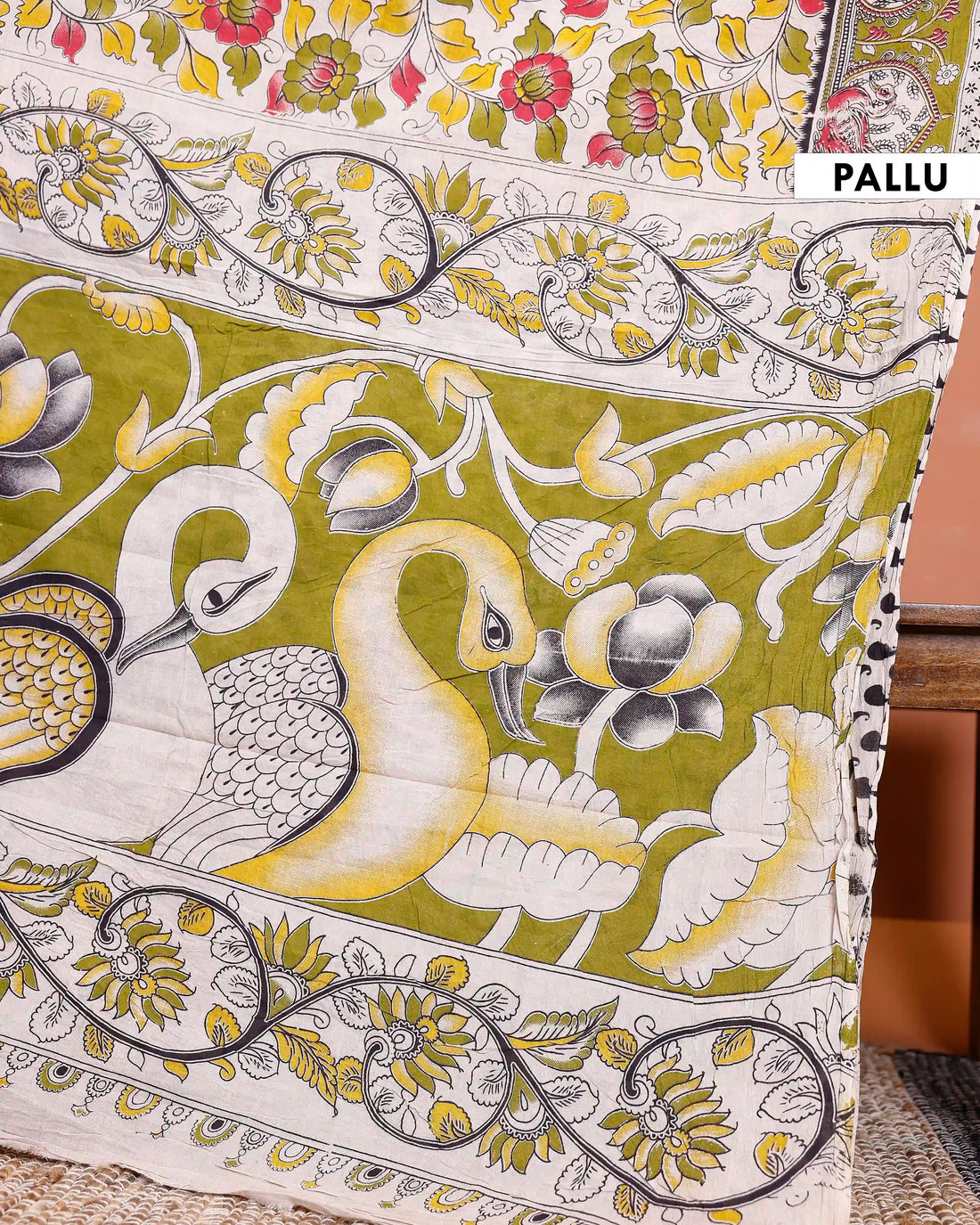 Kalamkari Cotton Saree with Floral and Traditional Motifs Border  - Cream