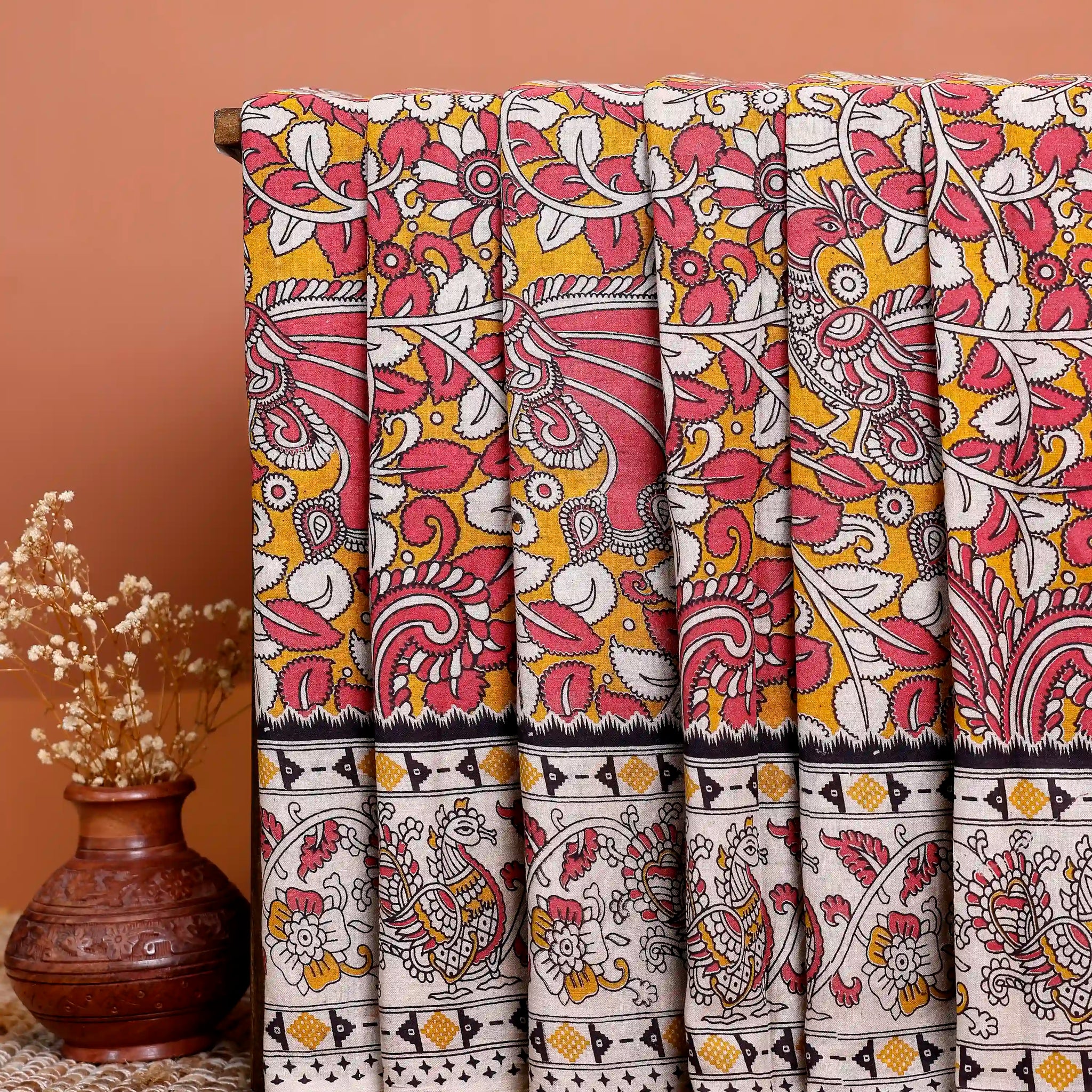 Handloom Kalamkari Cotton Saree with Traditional Floral & Avian Prints - Pink