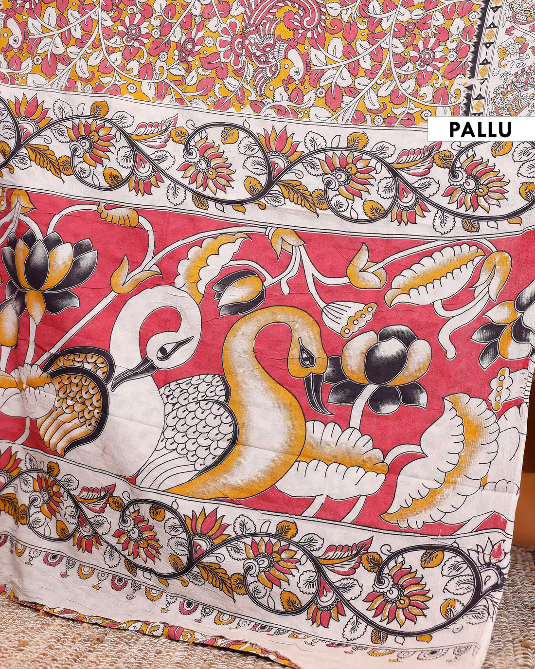 Handloom Kalamkari Cotton Saree with Traditional Floral & Avian Prints - Pink