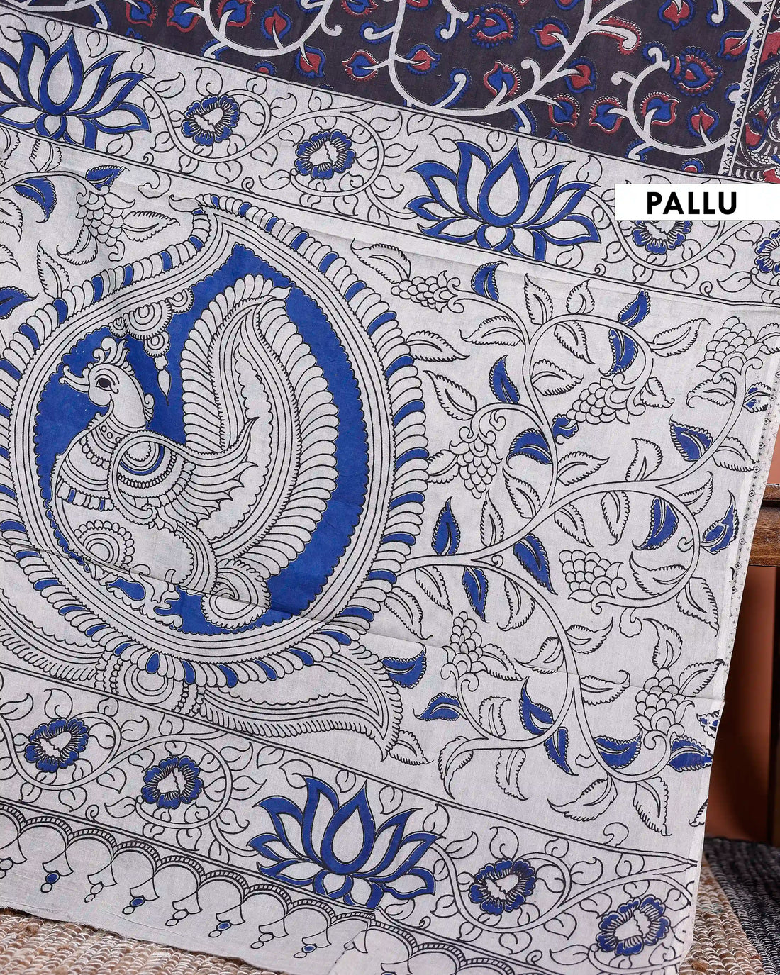 Handloom Kalamkari Handblock Printed Cotton Saree with Traditional Motifs - Dark Blue