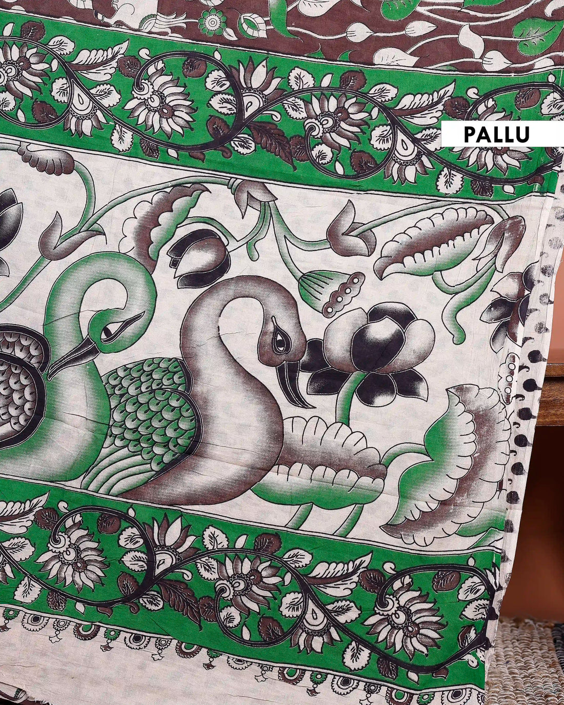 Handloom Kalamkari Cotton Saree with Traditional Cow & Floral Motif - Multi