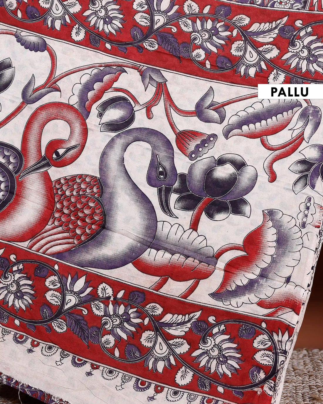 Traditional Kalamkari Cotton Saree with Hand-Printed Floral & Paisley Motifs - Purple