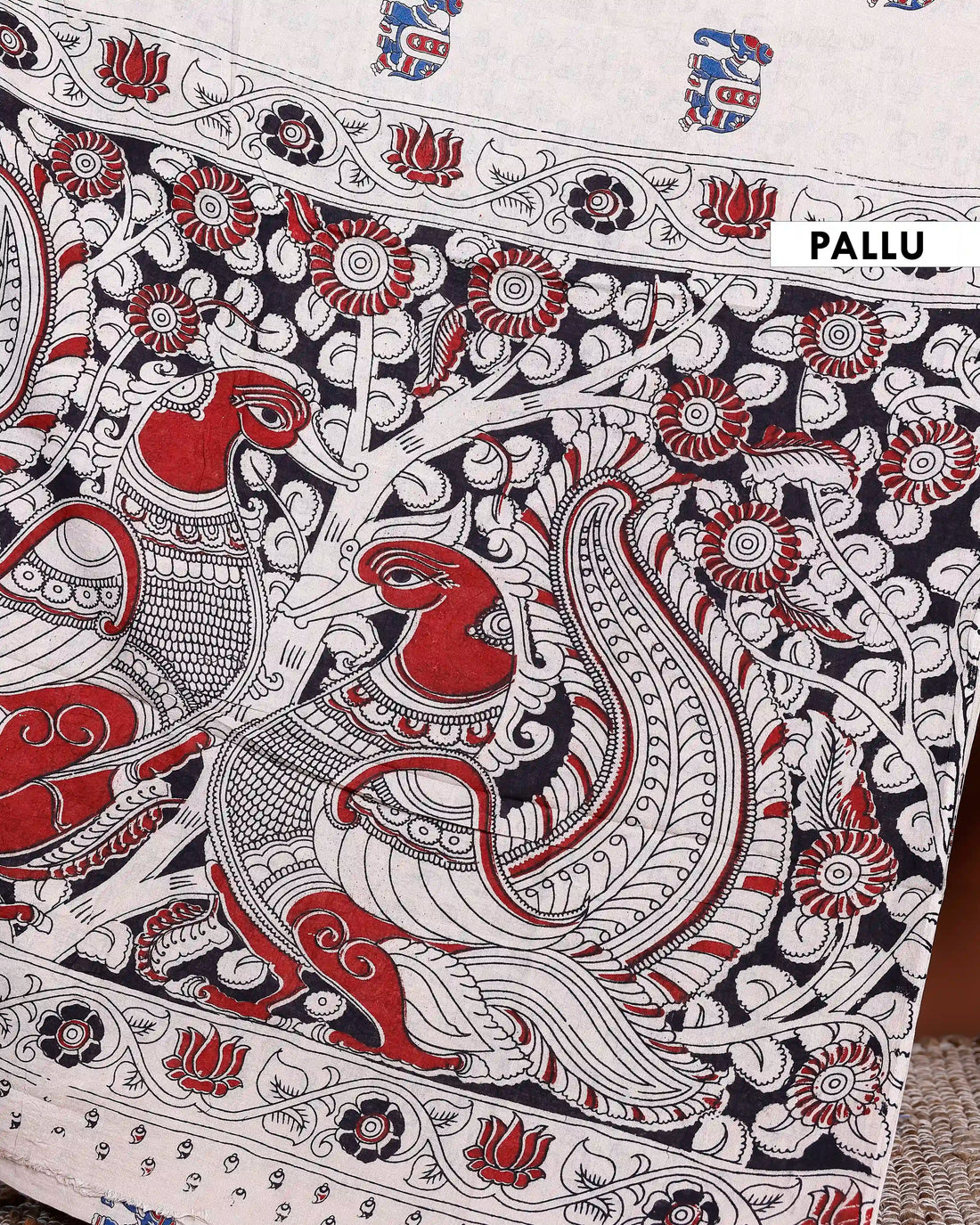 Handpainted Kalamkari Cotton Saree with Traditional Cow & Lotus Motifs - Cream