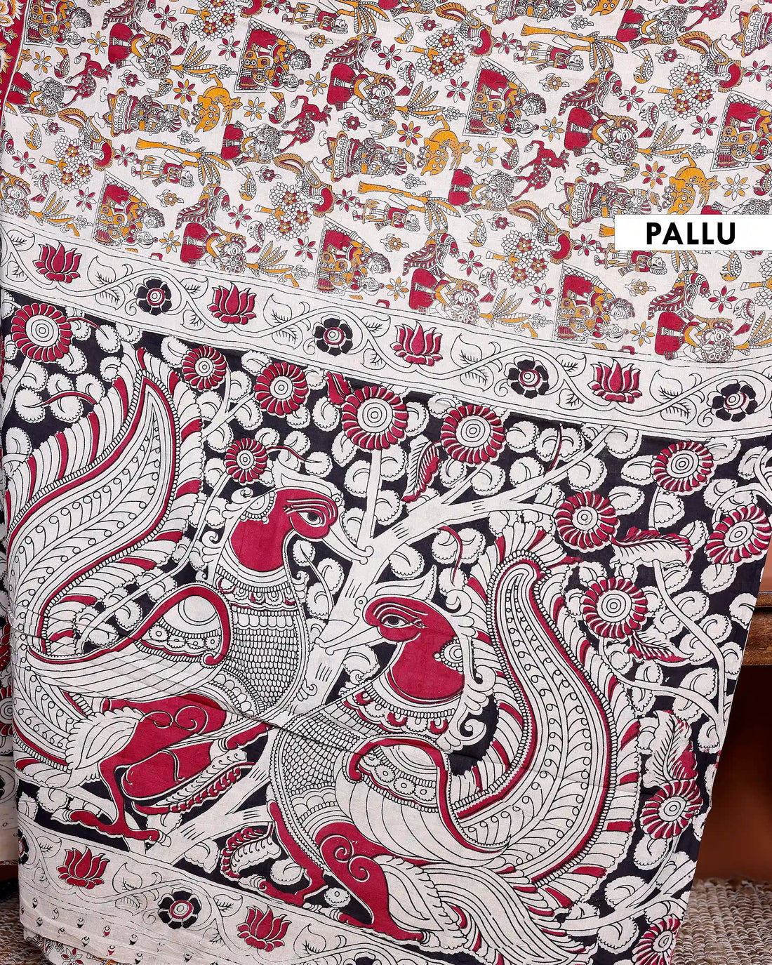 Handloom Kalamkari Cotton Saree with Traditional and Intricate Border Design - Cream