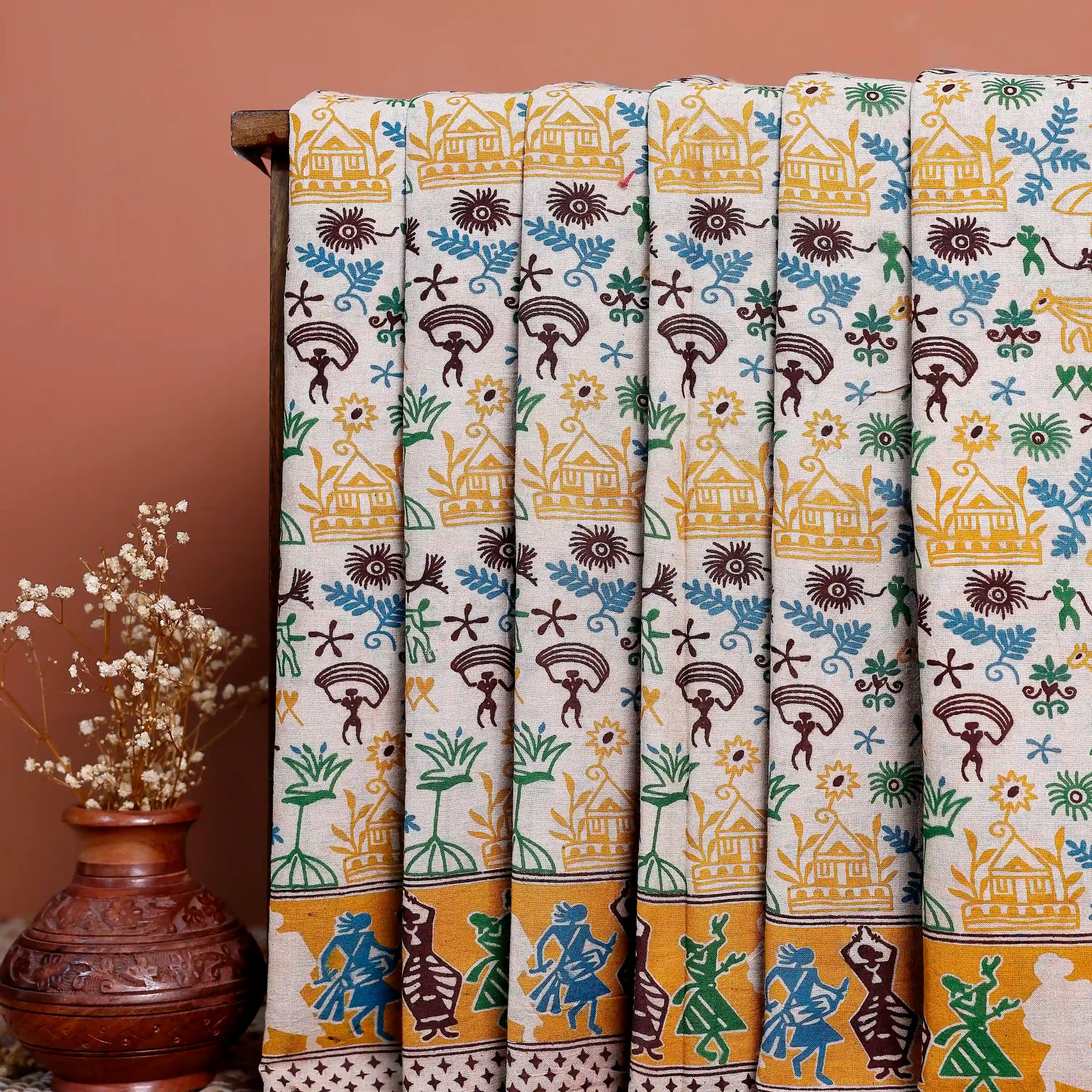 Hand-Printed Kalamkari Cotton Saree with Traditional Motif Design - Cream
