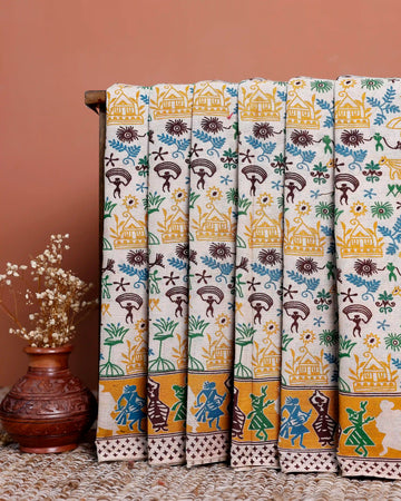 Hand-Printed Kalamkari Cotton Saree with Traditional Motif Design - Cream
