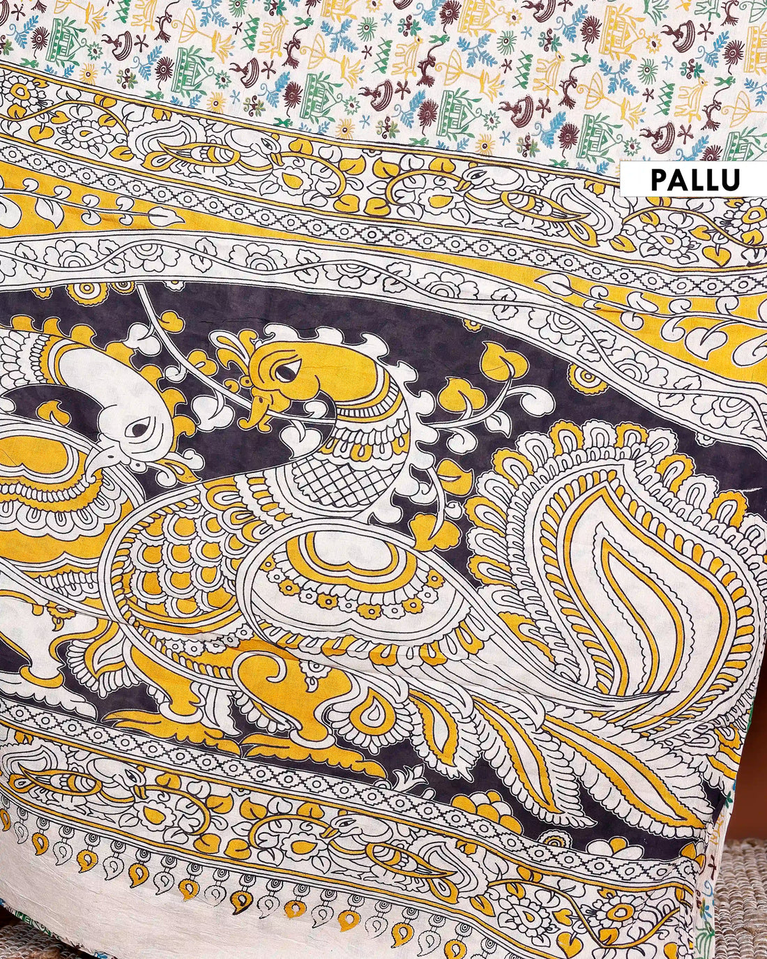 Hand-Printed Kalamkari Cotton Saree with Traditional Motif Design - Cream