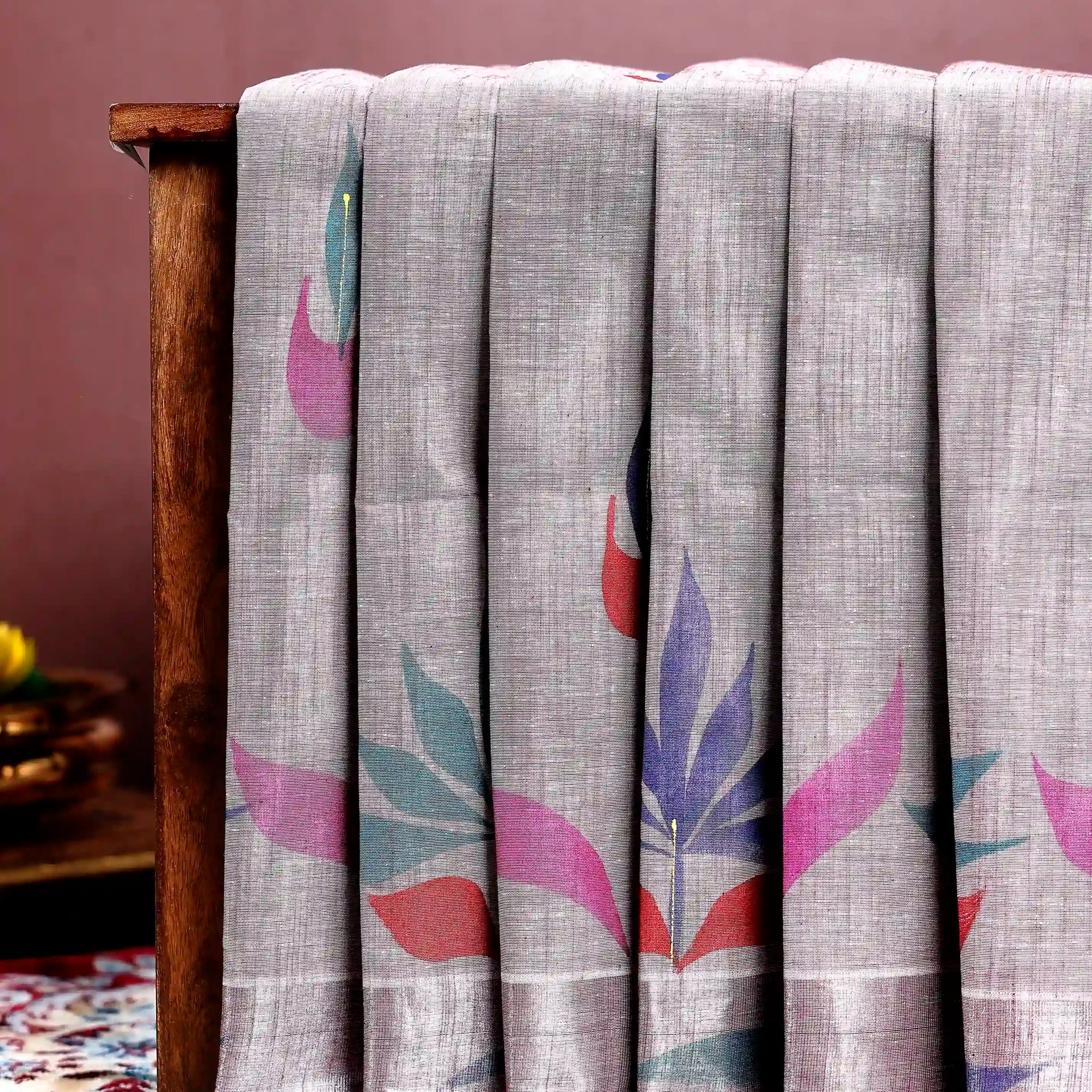 Handpainted Khadi Cotton Saree with Traditional Weave and Elegant Border Design - Grey
