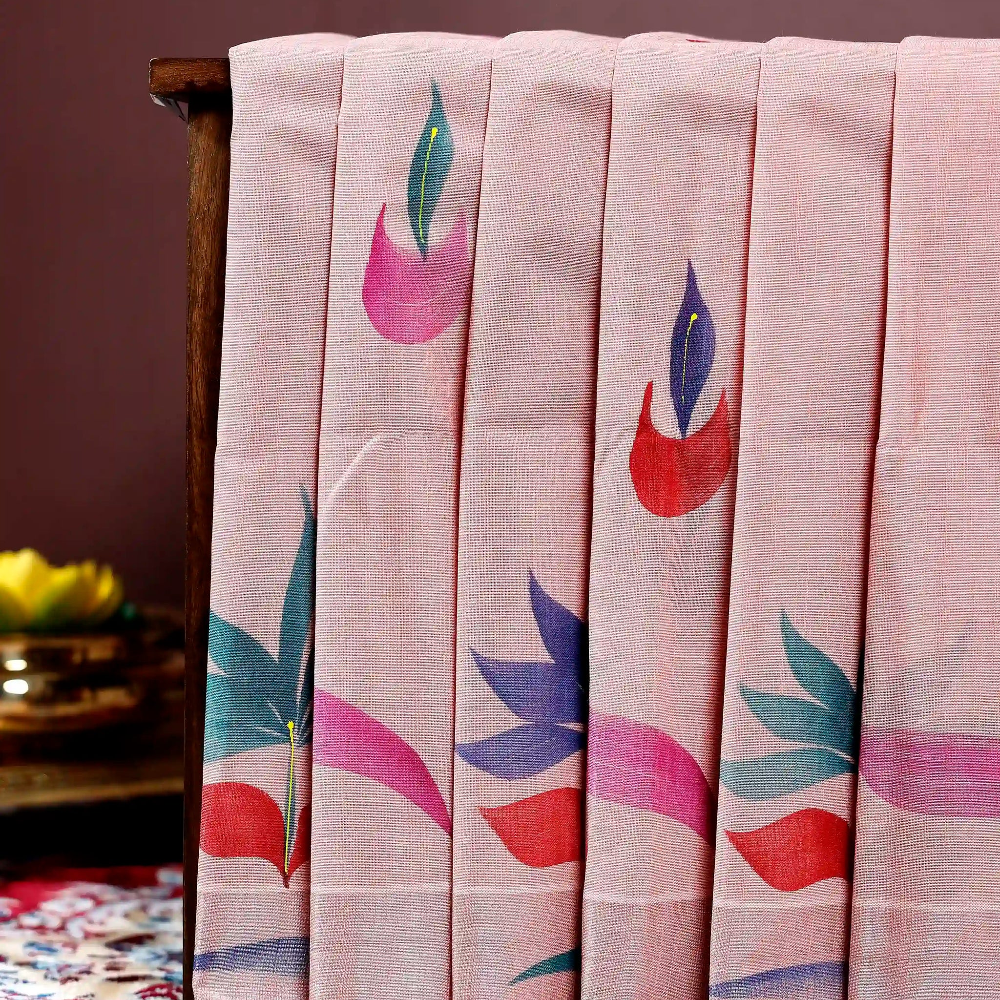 Handpainted Khadi Cotton Saree with Contemporary Floral Print and Minimalist Design - Pink