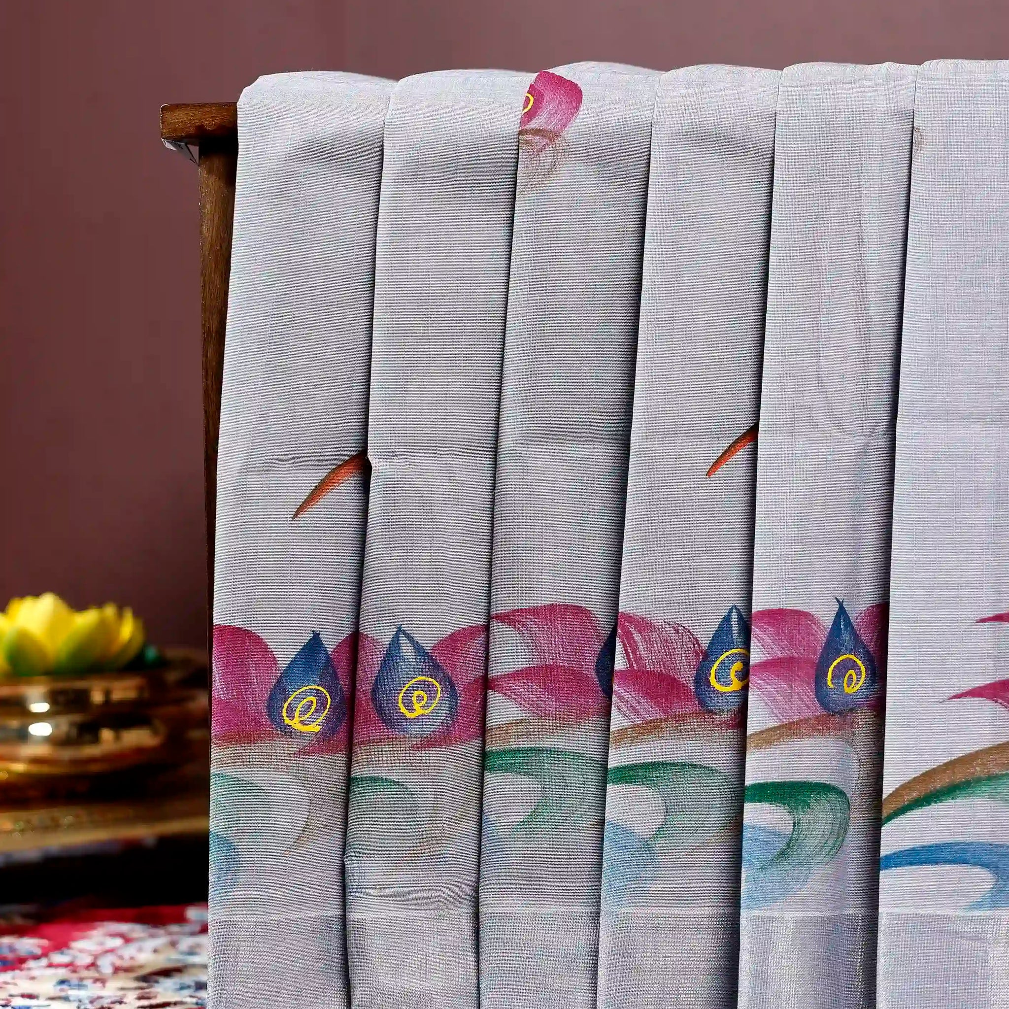 Handpainted Khadi Cotton Saree with Artistic Lotus Motif and Elegant Border Detailing - Grey