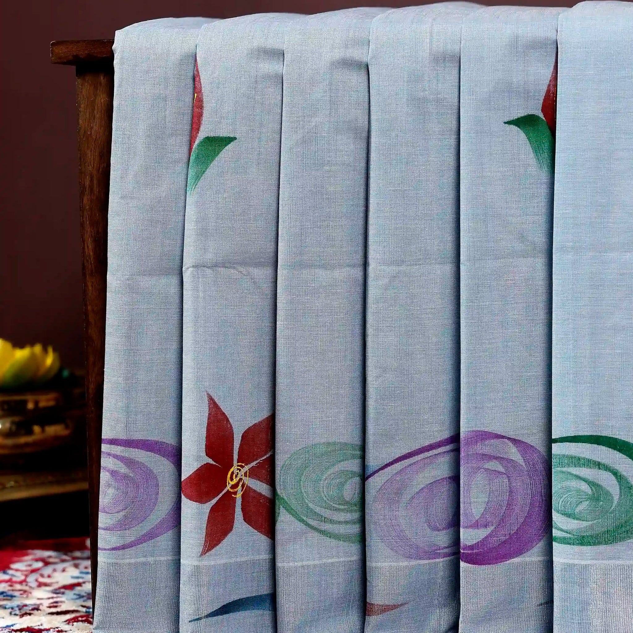 Handpainted Khadi Cotton Saree with Artistic Floral and Swirl Print Design - Light Blue