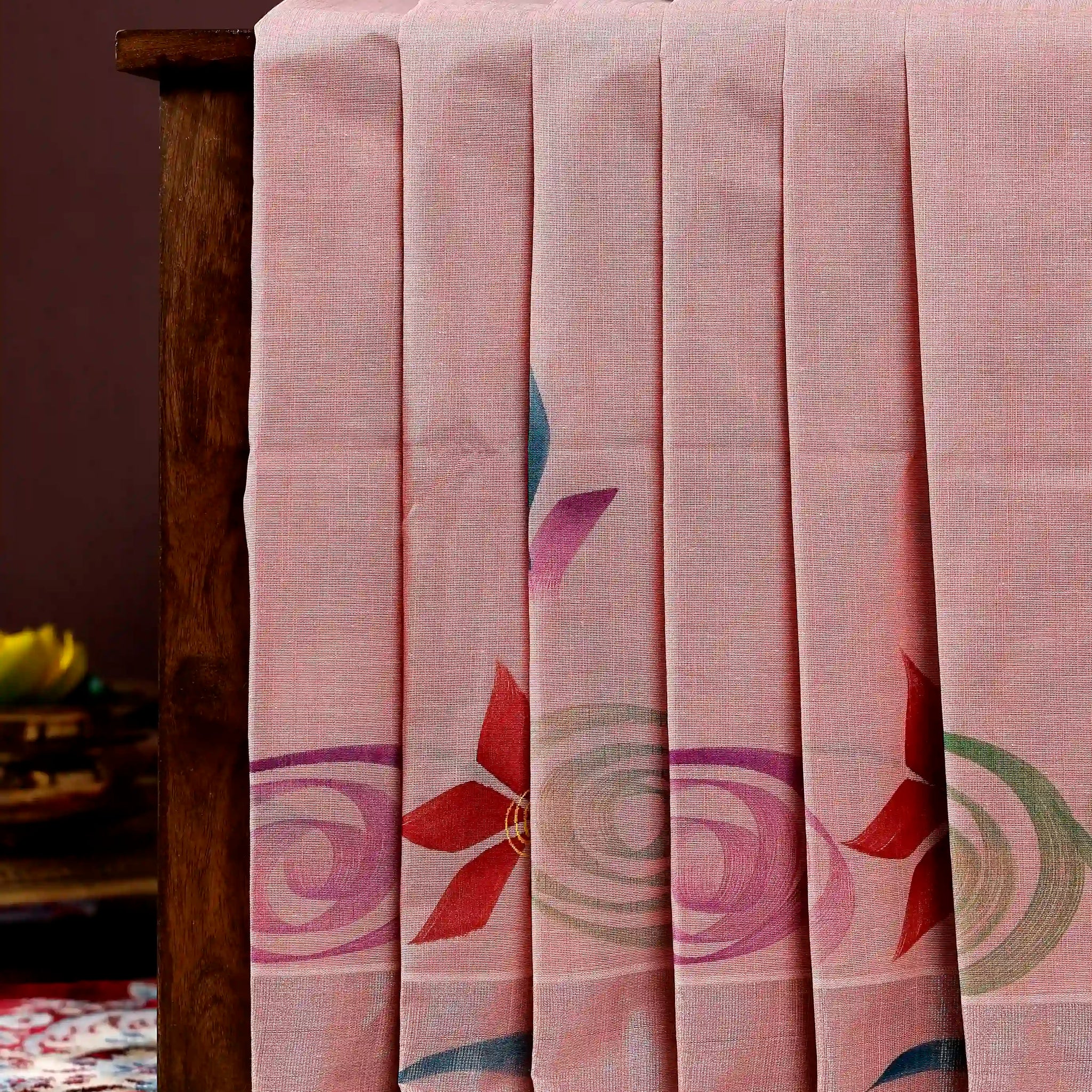 Handpainted Khadi Cotton Saree with Elegant Floral and Artistic Swirl Pattern - Pink