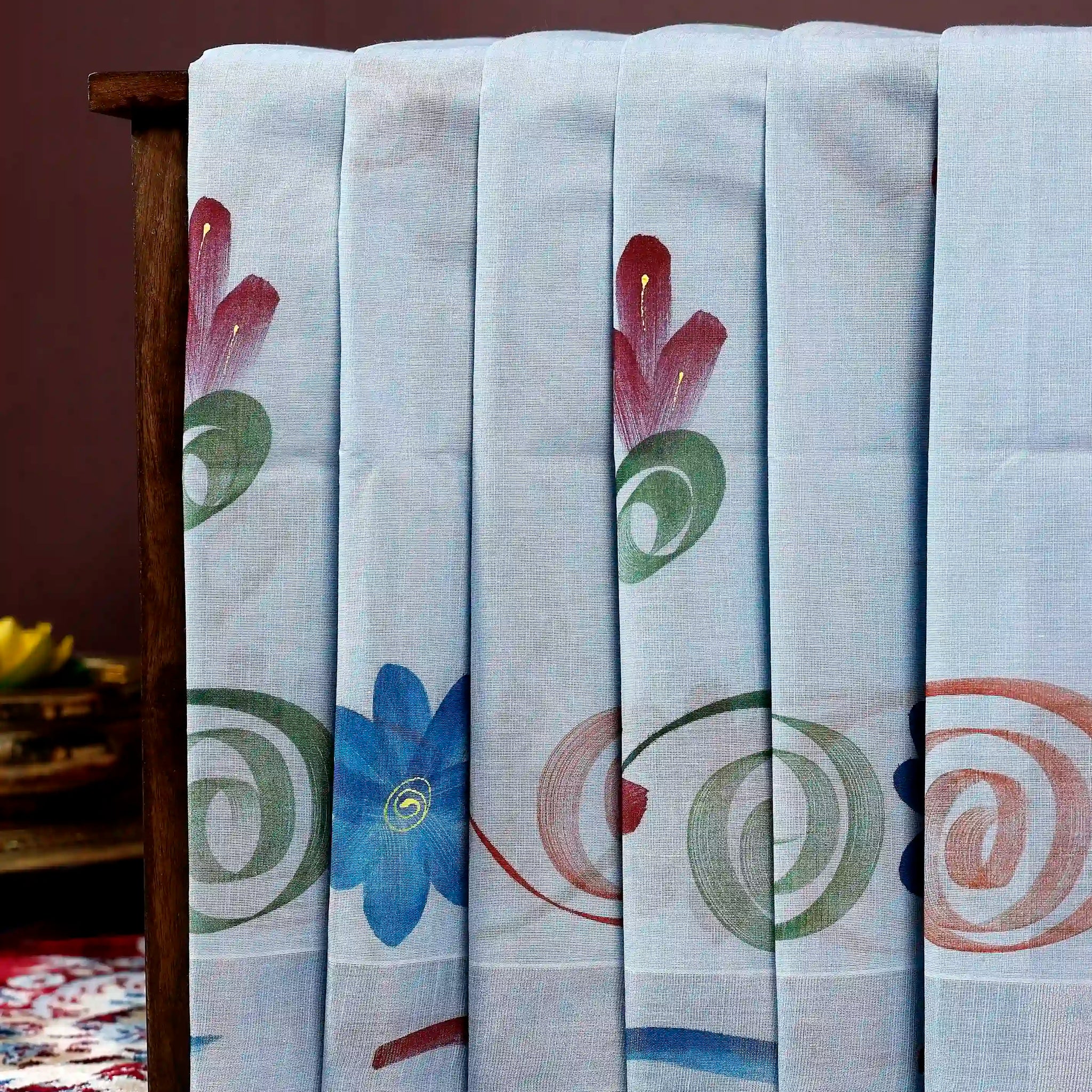 Handpainted Khadi Cotton Saree with Artistic Floral and Swirl Motif Design - Light Blue