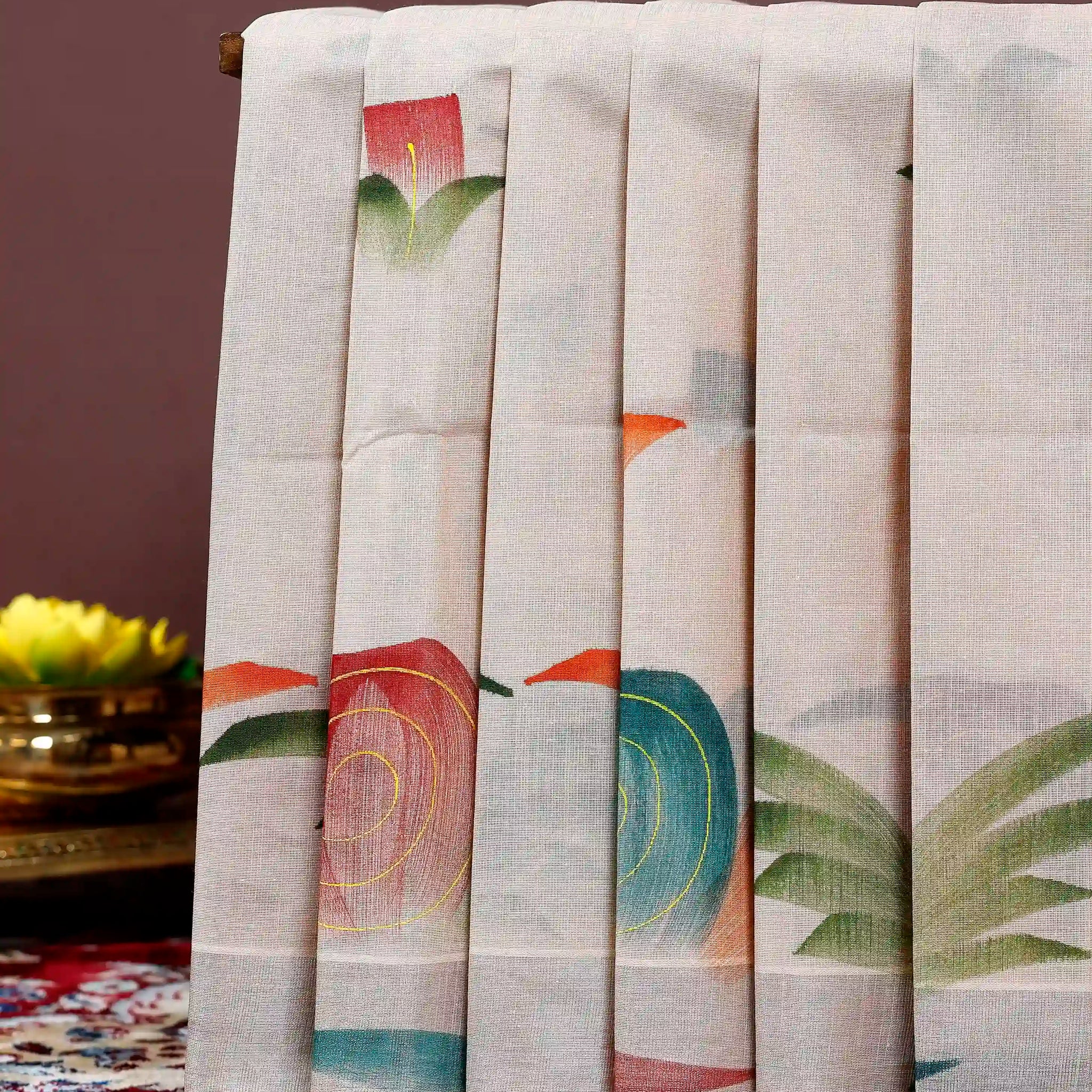 Handpainted Khadi Cotton Saree with Abstract Botanical Motifs -  Cream