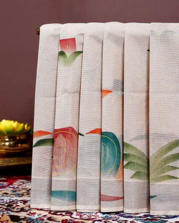Handpainted Khadi Cotton Saree with Abstract Botanical Motifs -  Cream