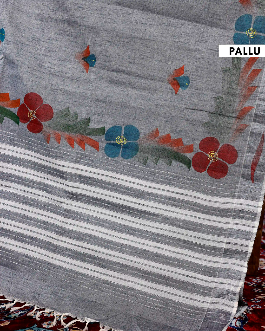Handpainted Khadi Cotton Saree with Floral Motif Design -  Dark Grey