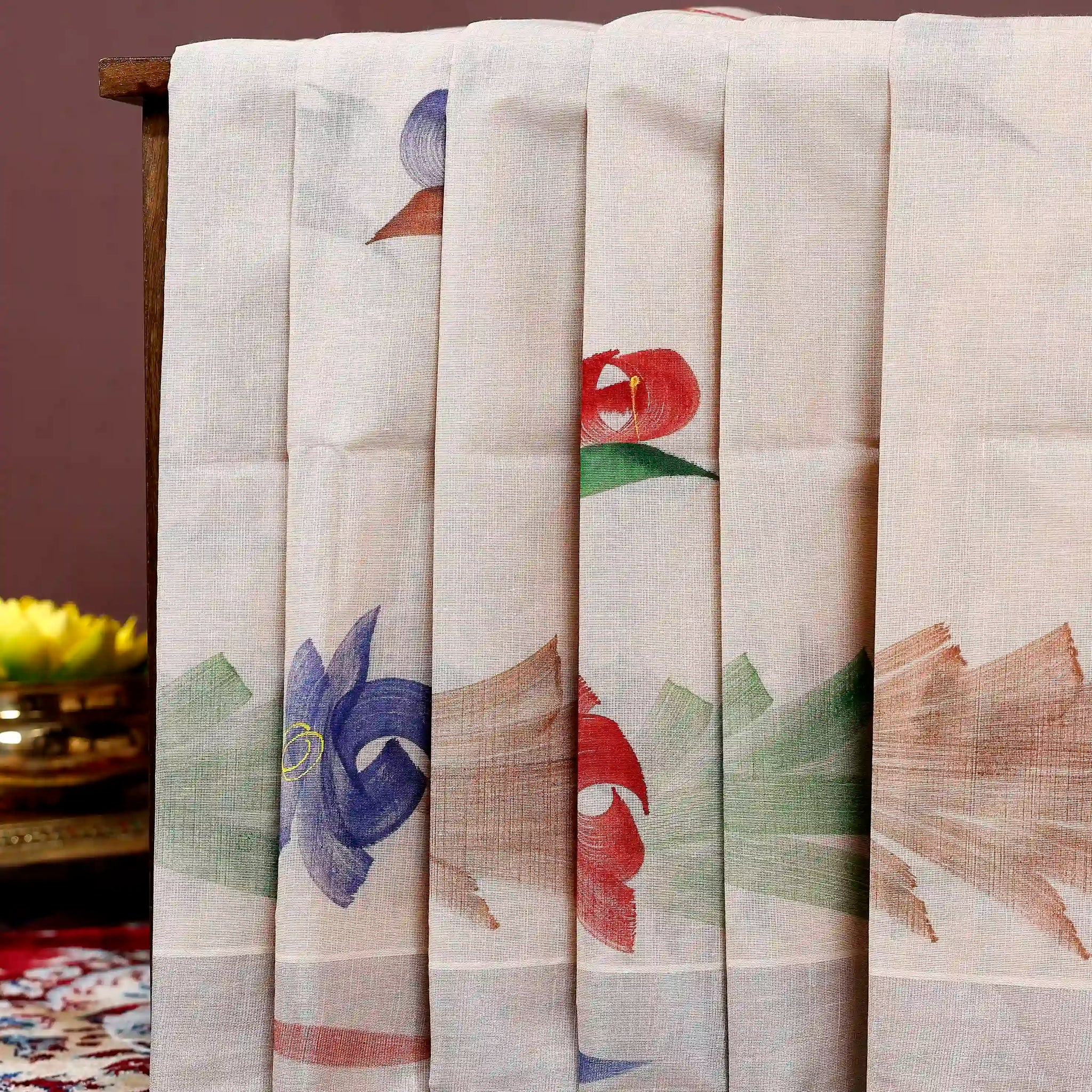 Handpainted Khadi Cotton Saree with Artistic Floral Print - Light Pink