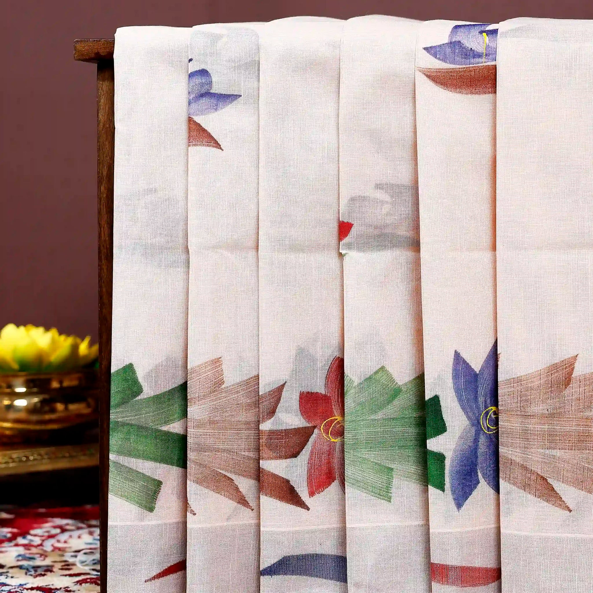 Handpainted Khadi Cotton Saree with Artistic Floral Print - Cream