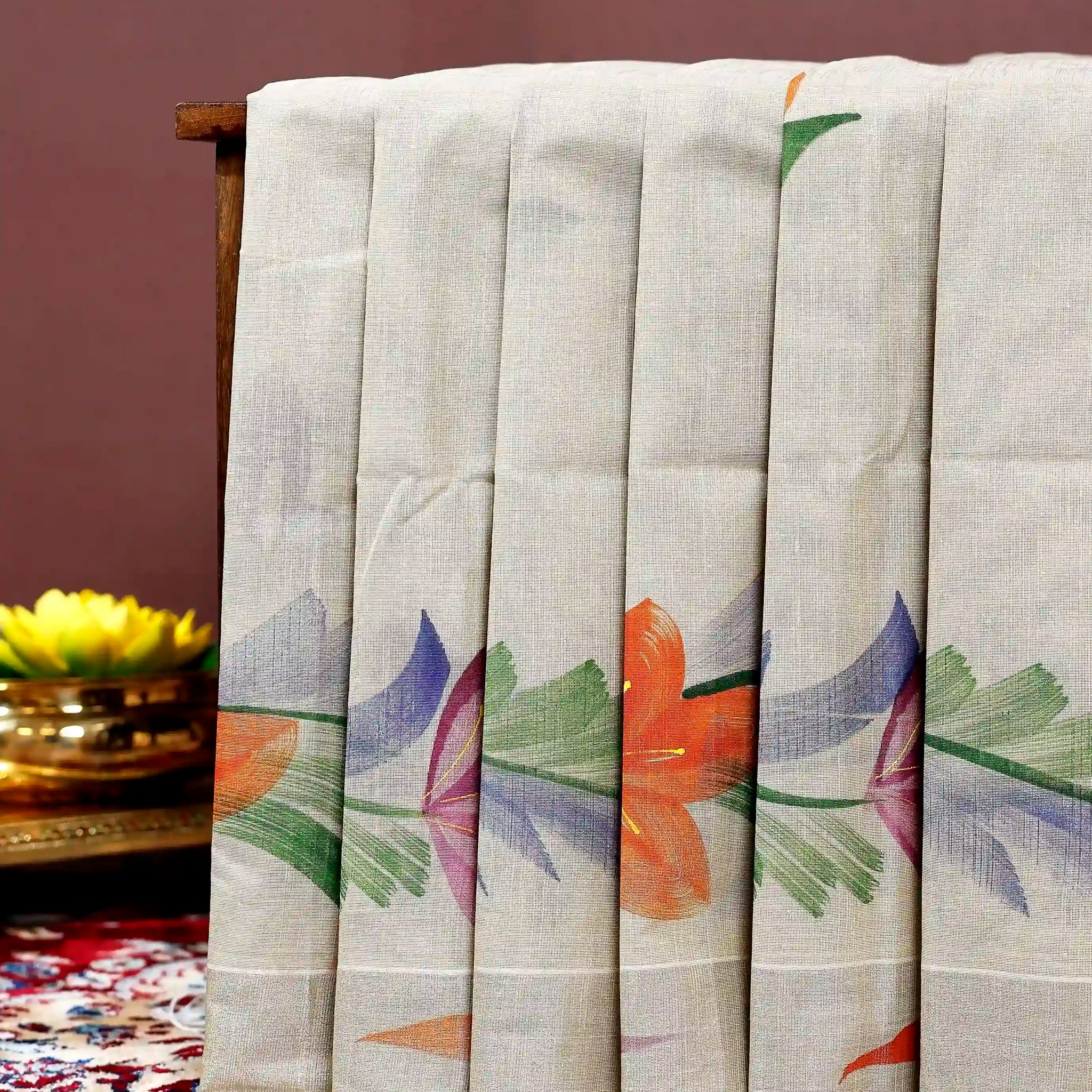 Handpainted Khadi Cotton Saree with Artistic Floral Print - Beige