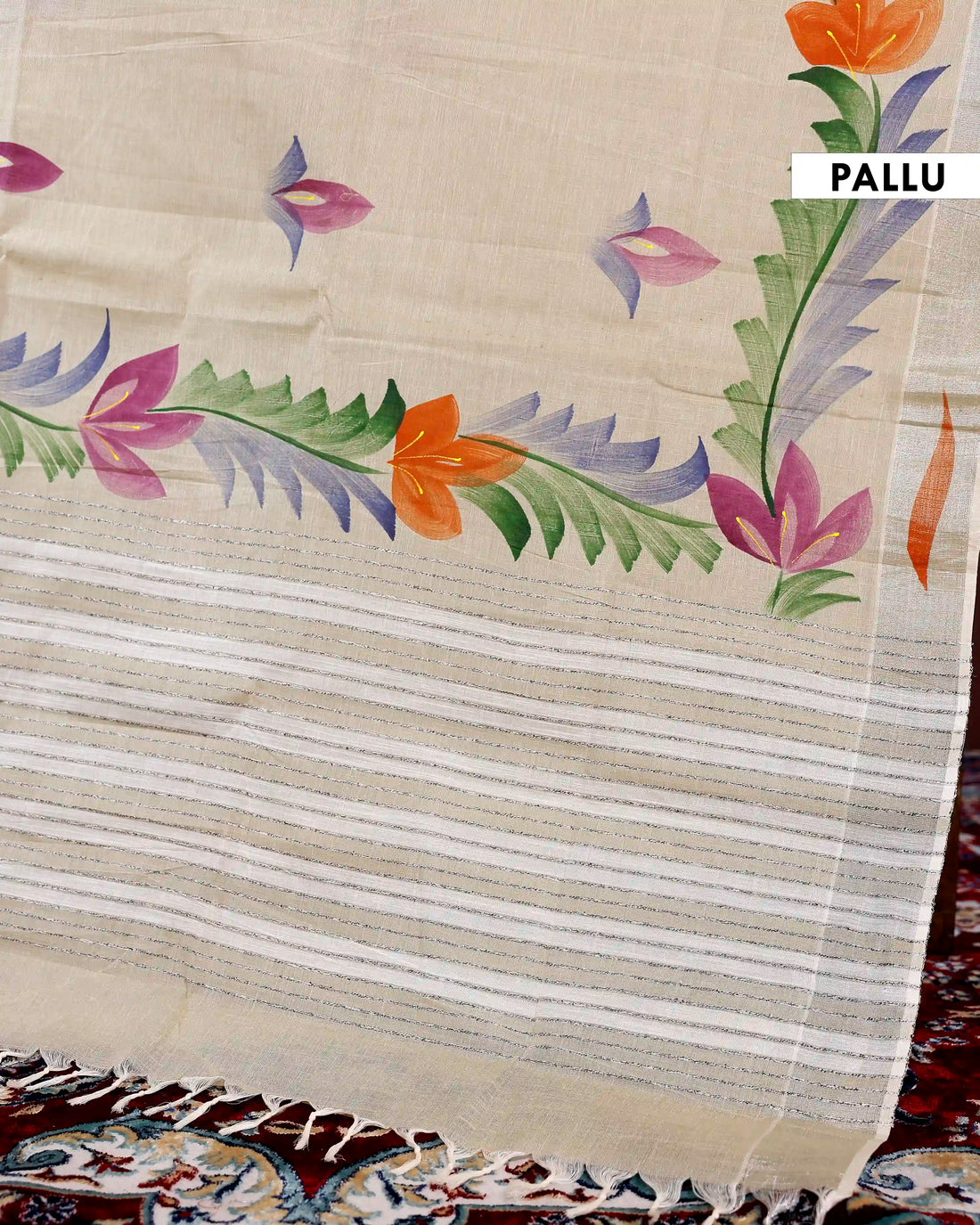Handpainted Khadi Cotton Saree with Artistic Floral Print - Beige