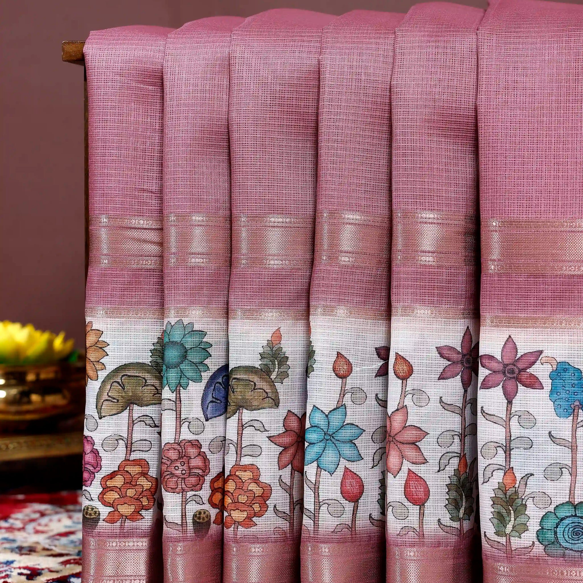 Hand-Painted Floral Kota Cotton Saree with Zari Border - Pink