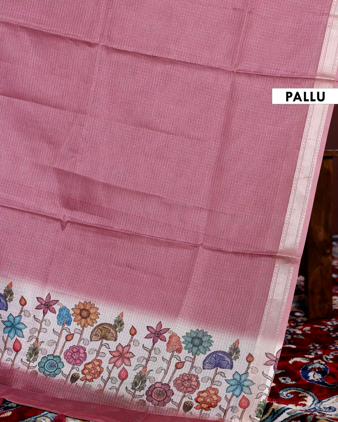 Hand-Painted Floral Kota Cotton Saree with Zari Border - Pink