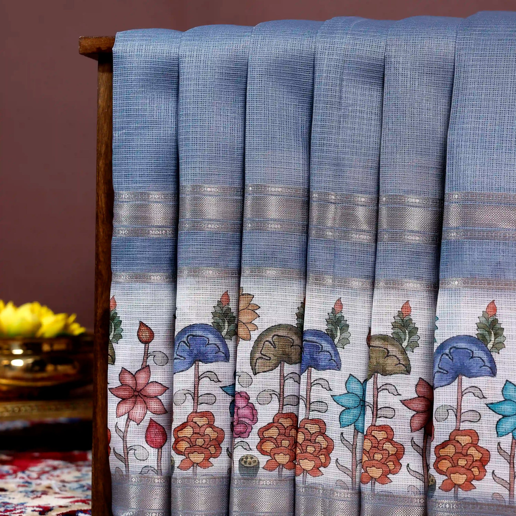 Hand-Painted Floral Kota Cotton Saree with Zari Border - Blue