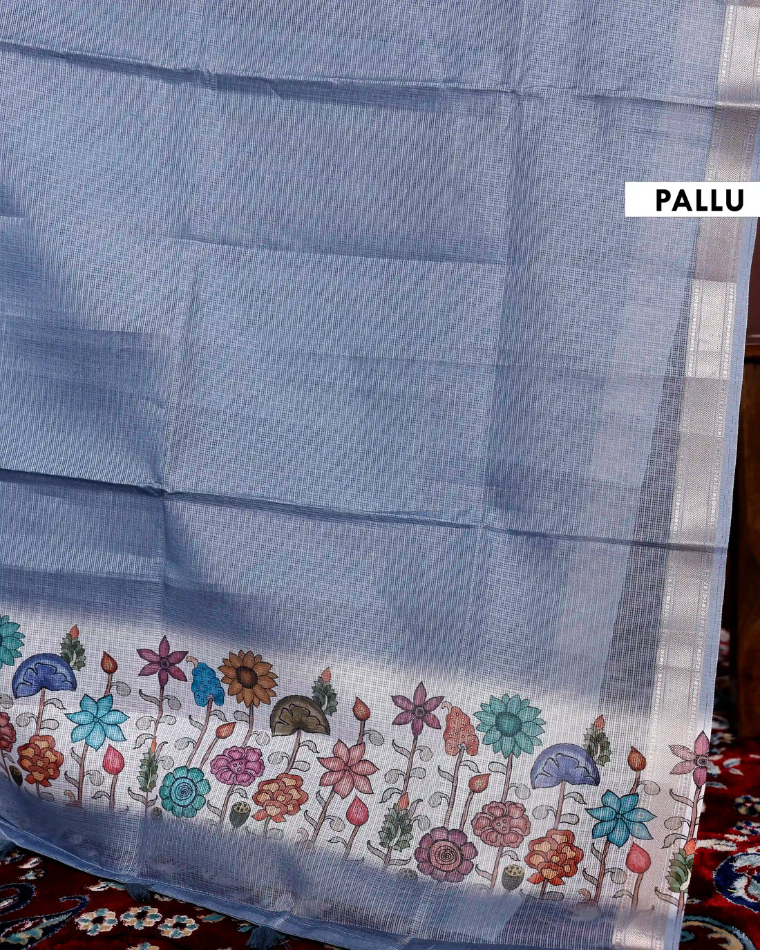 Hand-Painted Floral Kota Cotton Saree with Zari Border - Blue